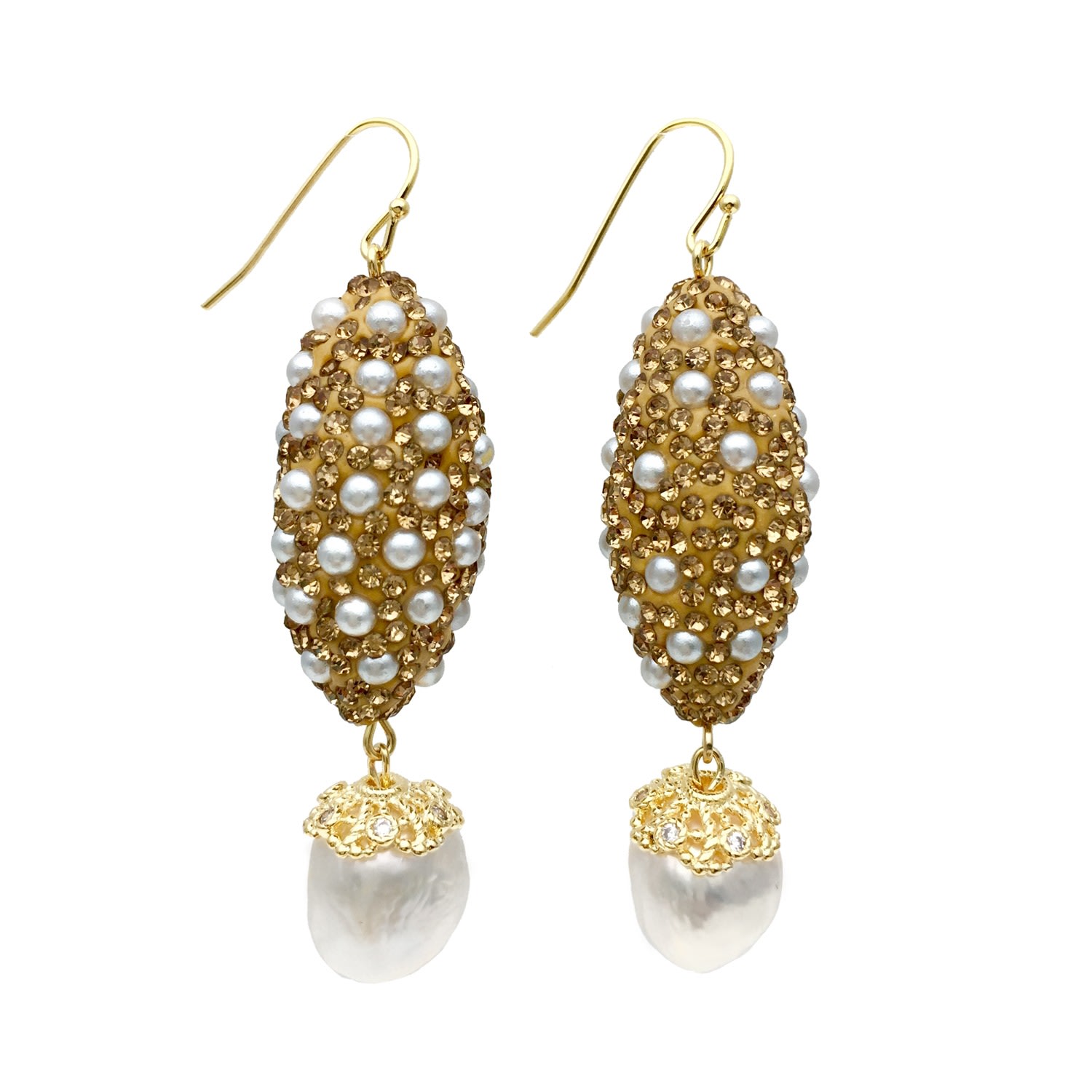 Farra Women's Gold Rhinestones Bordered Freshwater Pearls Dangle Earrings