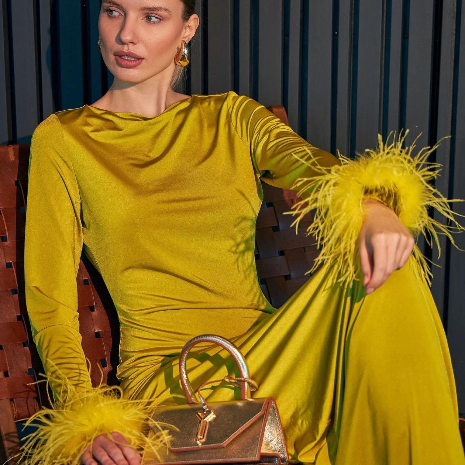 Lime Green Backless Maxi Dress With Faux Feather Trim | NAL | Wolf & Badger