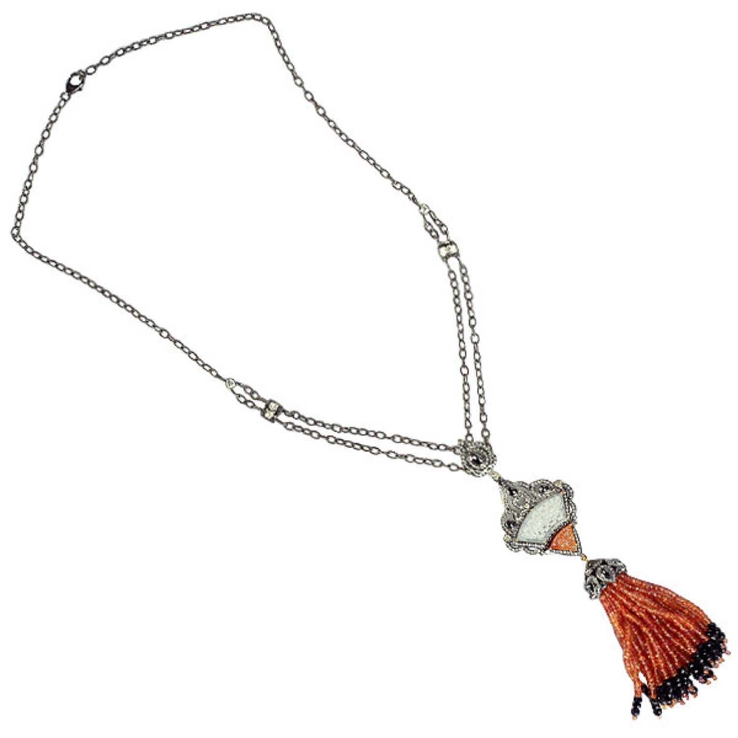 Women’s Yellow / Orange / White 18Kt Gold Diamond 925 Sterling Silver Sapphire Spinel Jade Tassel Necklace Jewelry Artisan