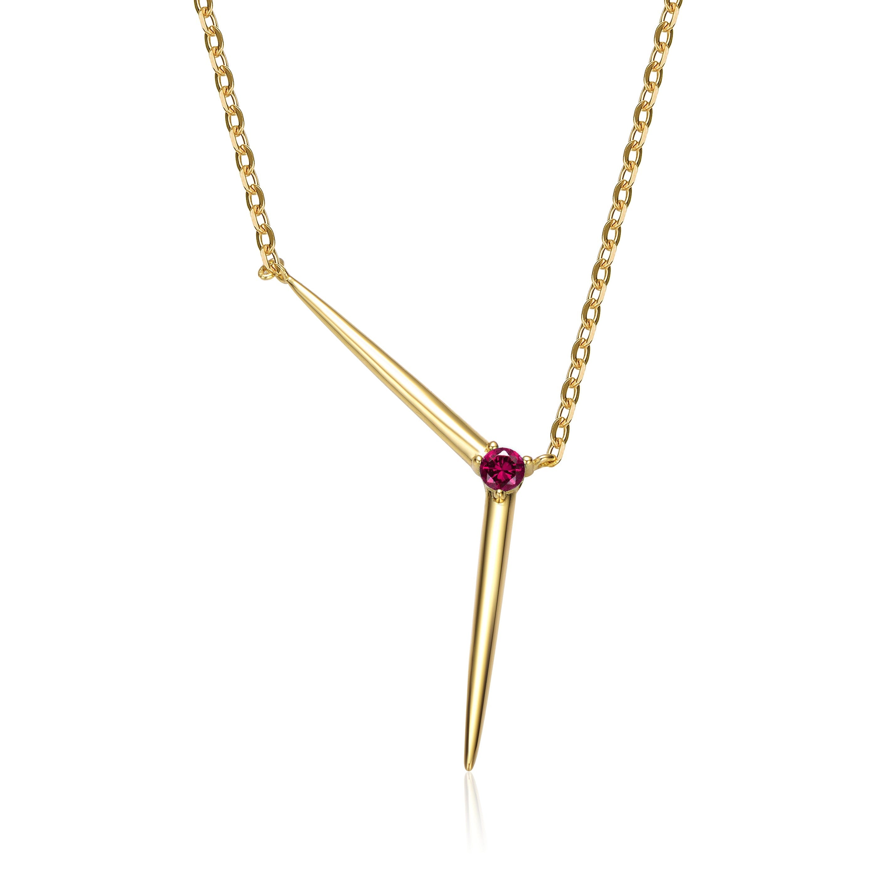 Genevive Jewelry Women's Genevive Sterling Silver Gold Plated With Ruby Red Cubic Zirconia Solar Chevron Necklace In Red