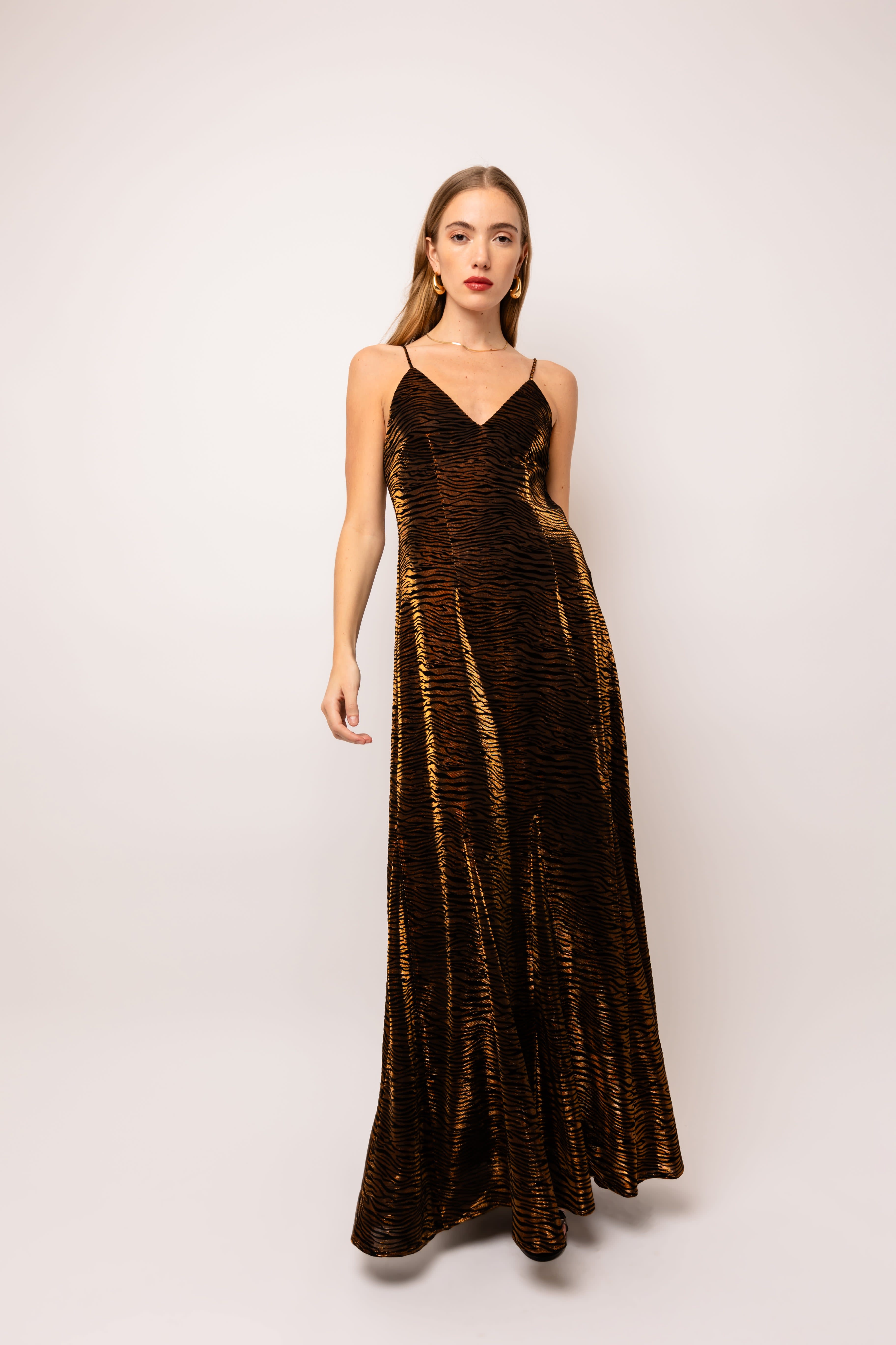 Talia Brown Tiger Velvet Burnout Maxi Dress by AMY LYNN