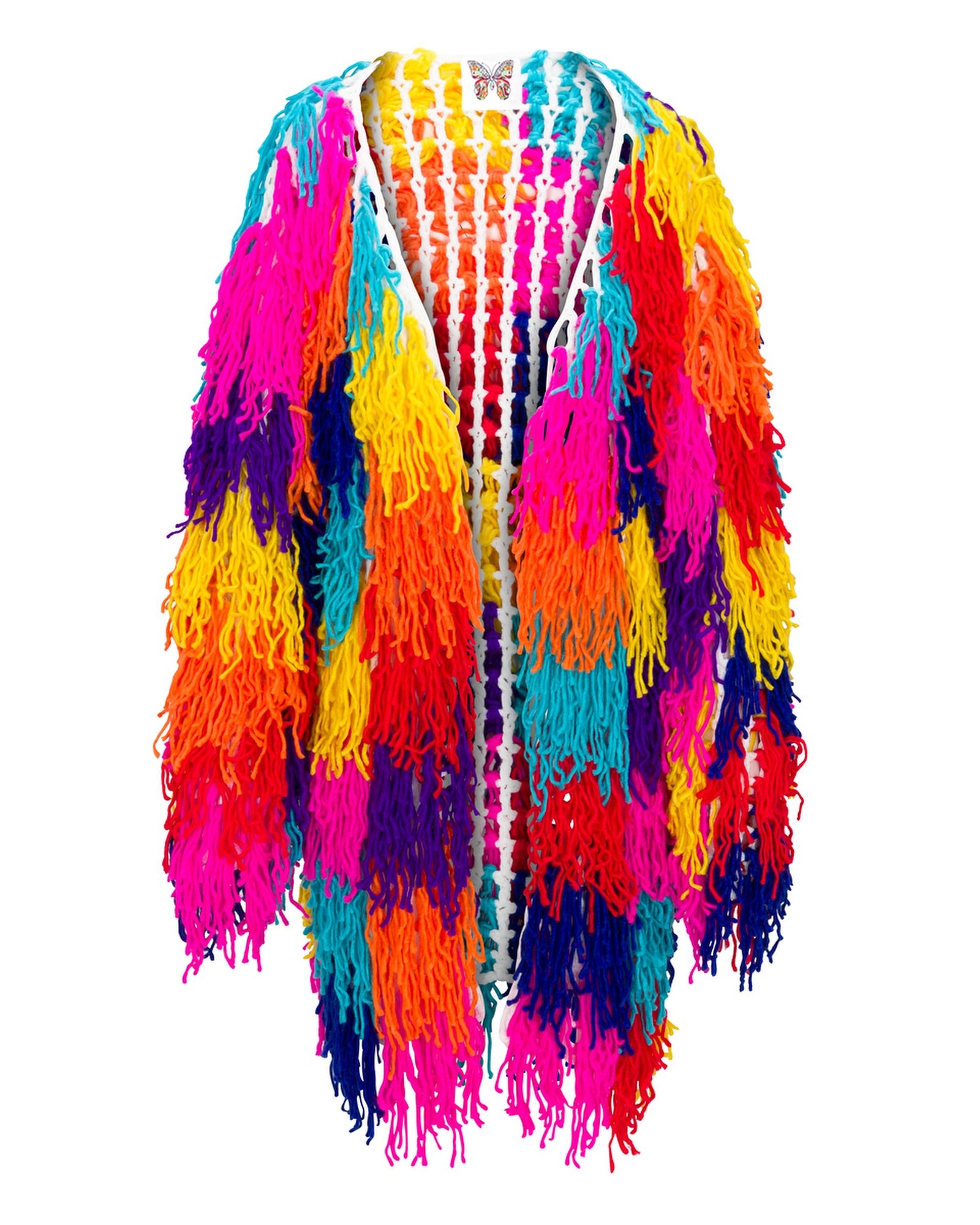 Women’s Groovy Fringe Technicolor Sweater Coat S/M Meghan Fabulous