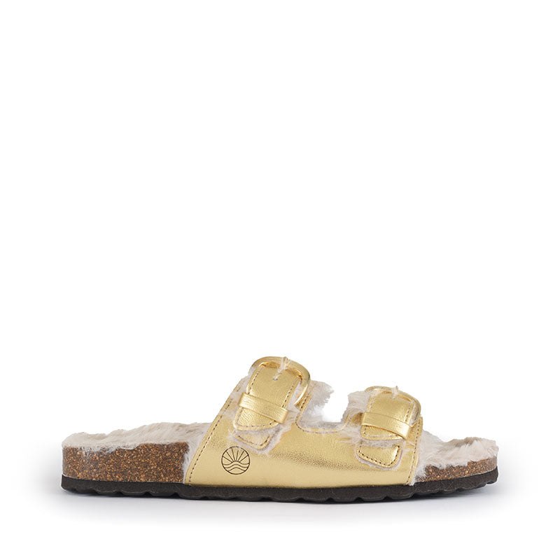 Bedroom Athletics Women's Calin - Vegan Metallic Strap Sandal Slider - Metallic Gold In Gold