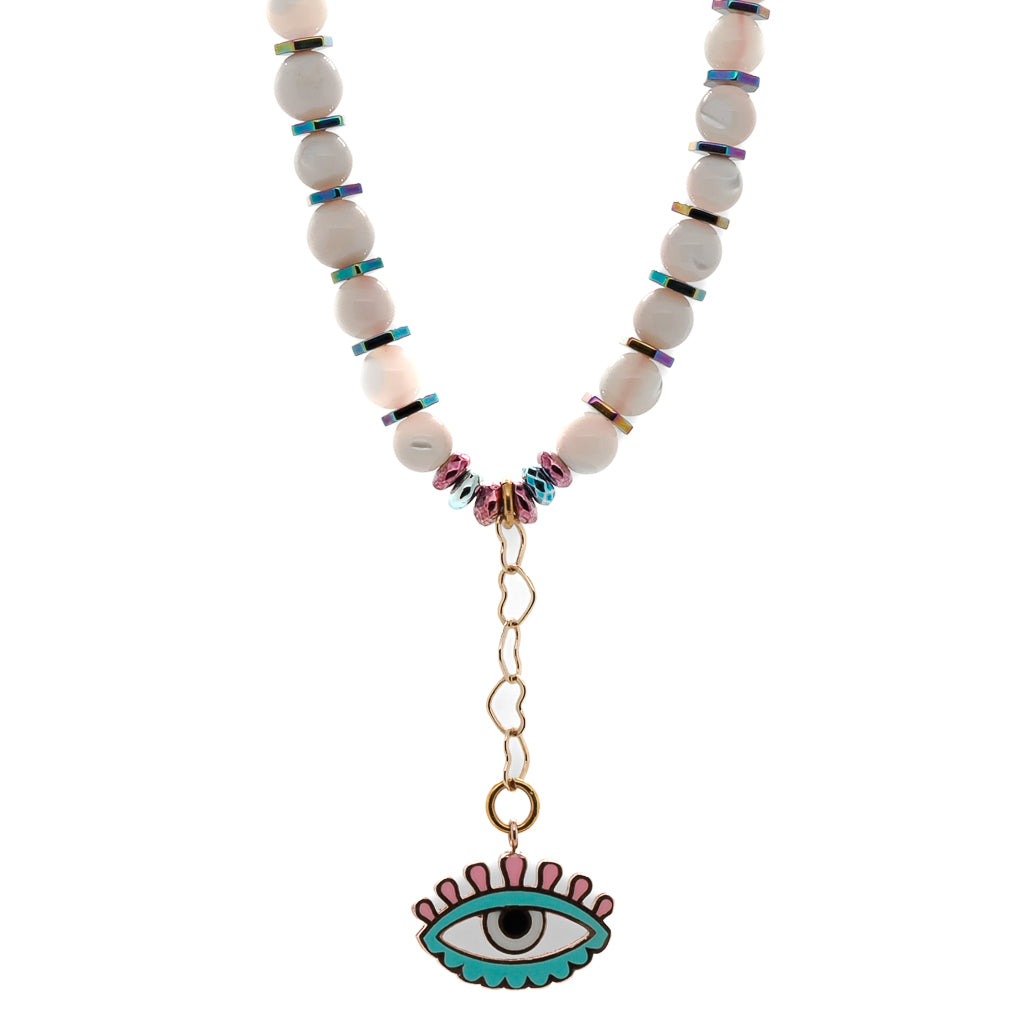 Women’s Pink / Purple / White Love Protection Evil Eye White Beaded Necklace - White Ebru Jewelry