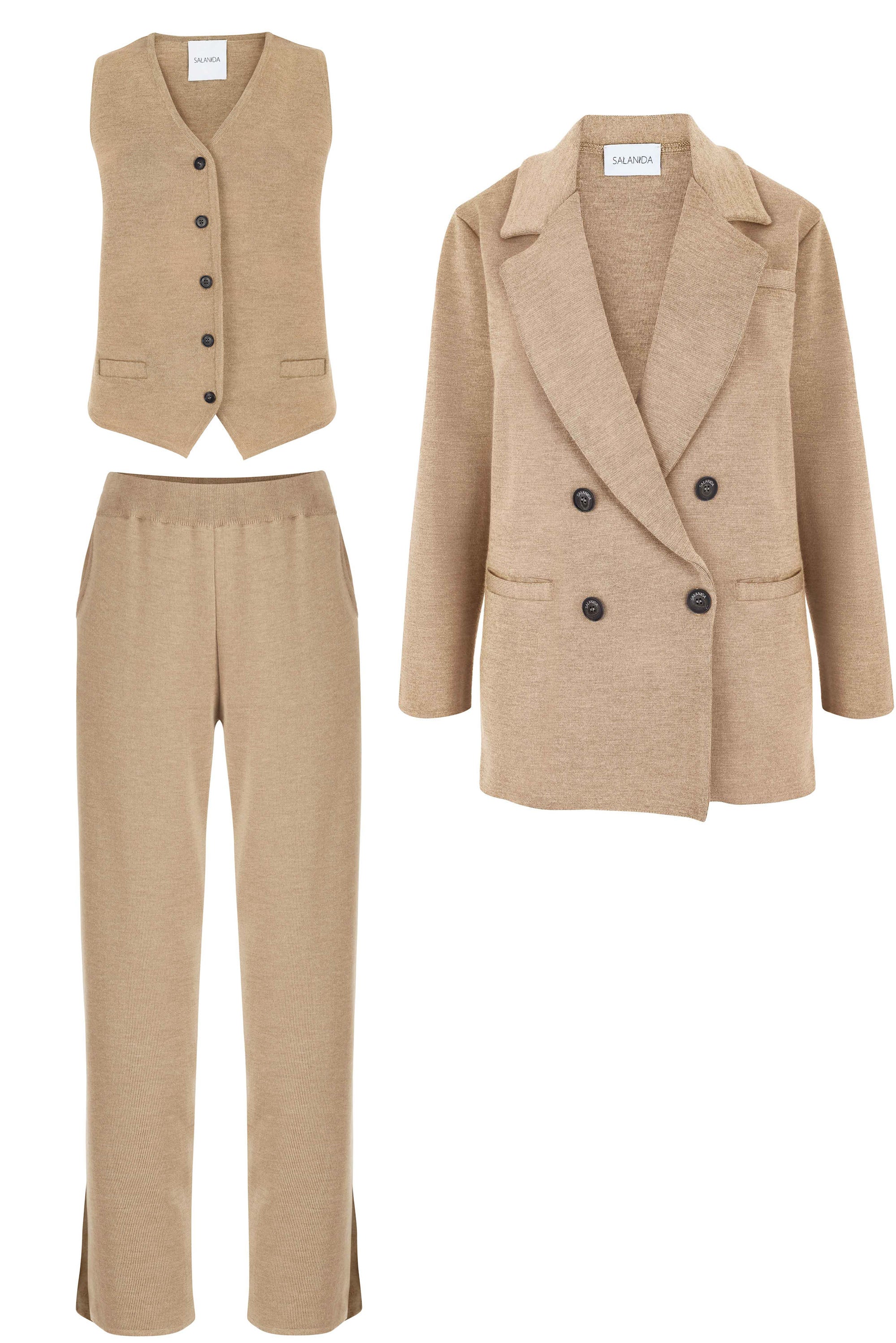 Salanida Brown Ora, Forza & Galante 100% Merino Co-ord In Beige In Brown