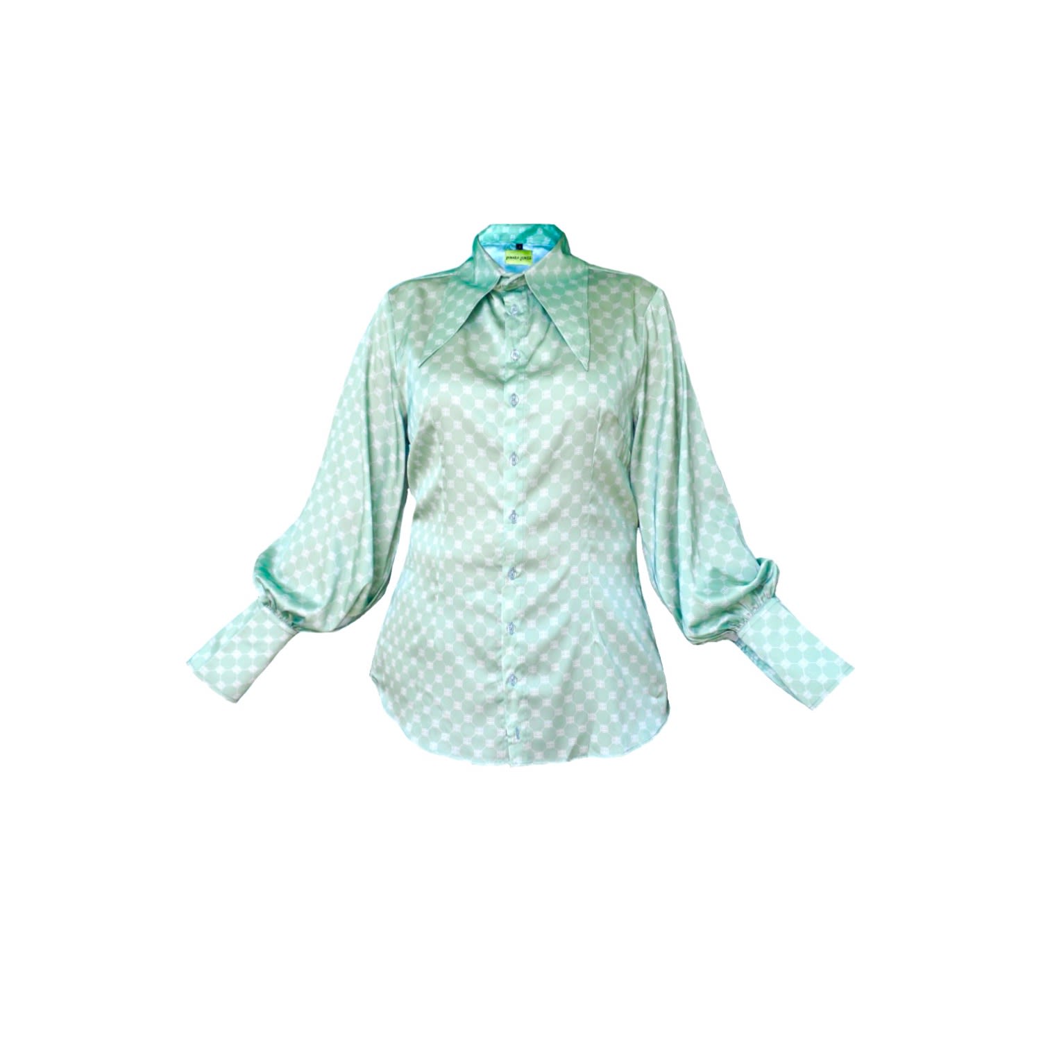 Women’s Satin Matcha Green Blouse With Long Sleeves And Large Collar Medium Janara Jones