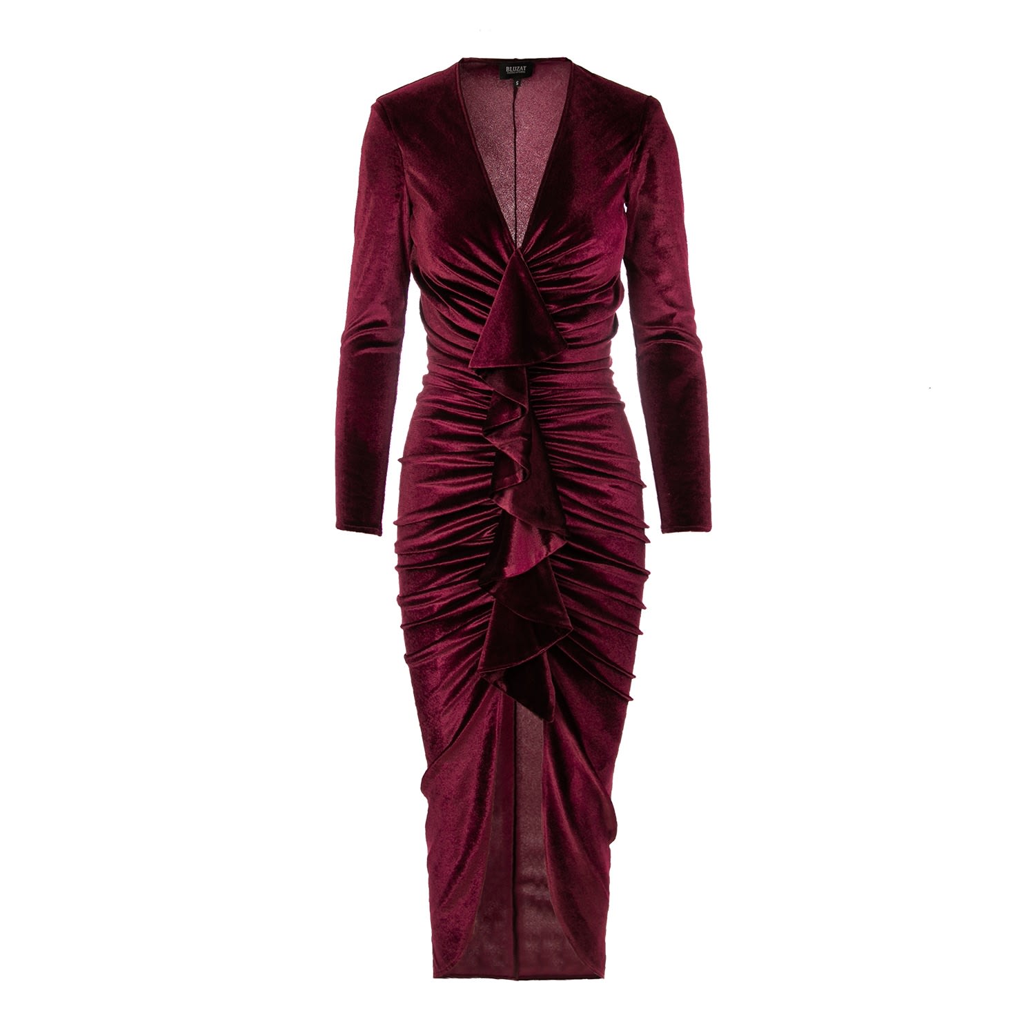 Women’s Red Velvet Burgundy Midi Ruffle Dress Extra Small Bluzat