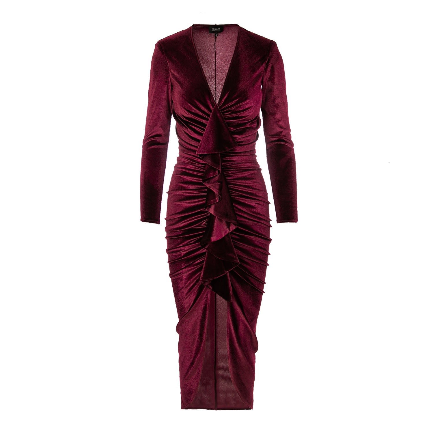 Bluzat Women's Red Velvet Burgundy Midi Ruffle Dress In Red