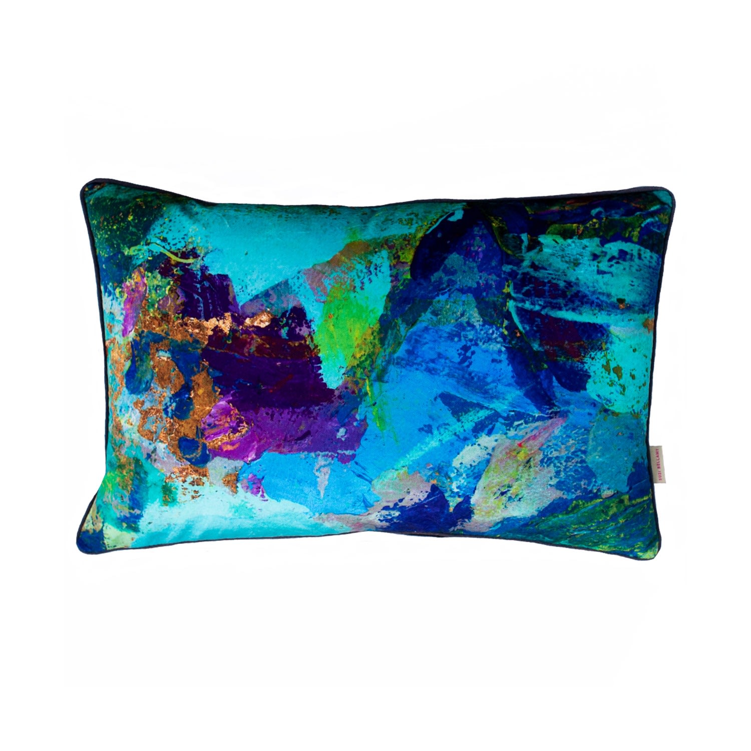 Blue / Gold / Green Azure Abstract Large Oblong Velvet Cushion Susi Bellamy