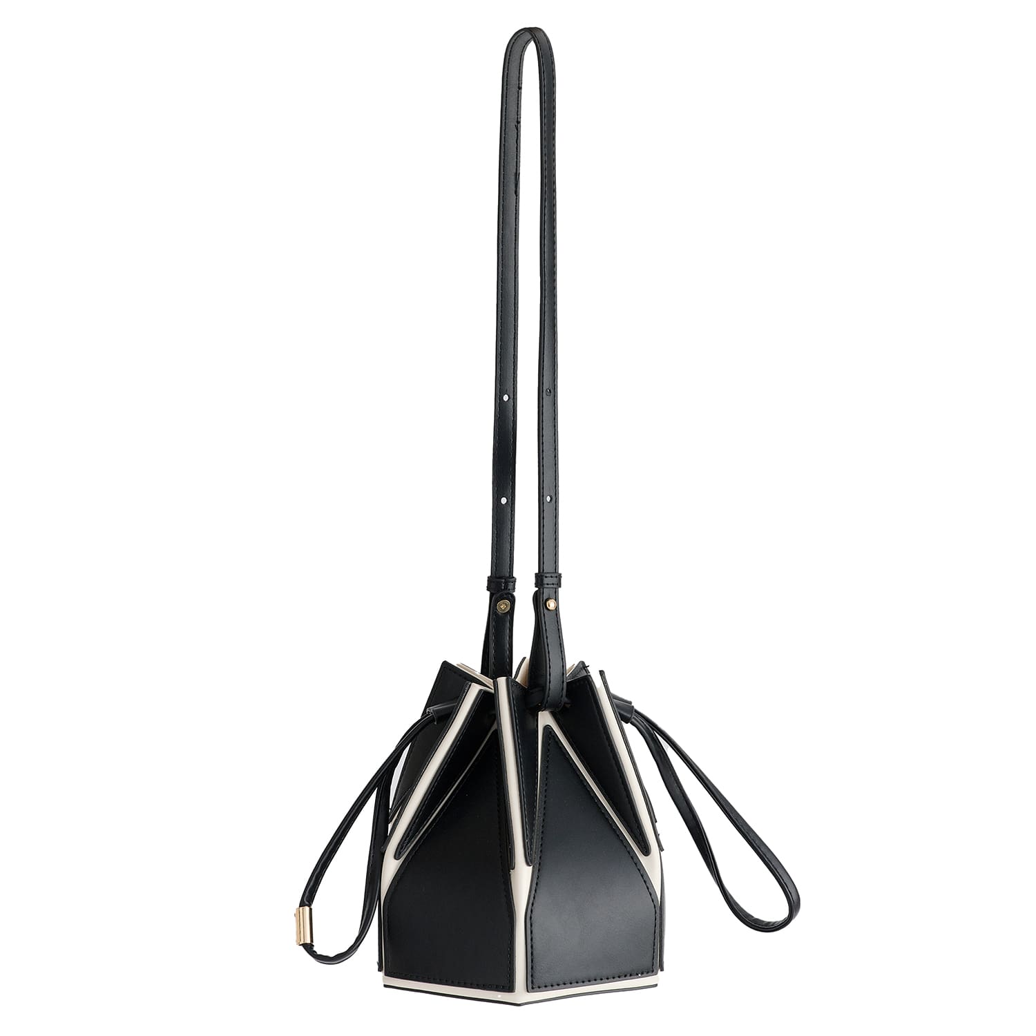 Paisie Women's Hexagon Drawstring Bucket Bag In Black And White In Black