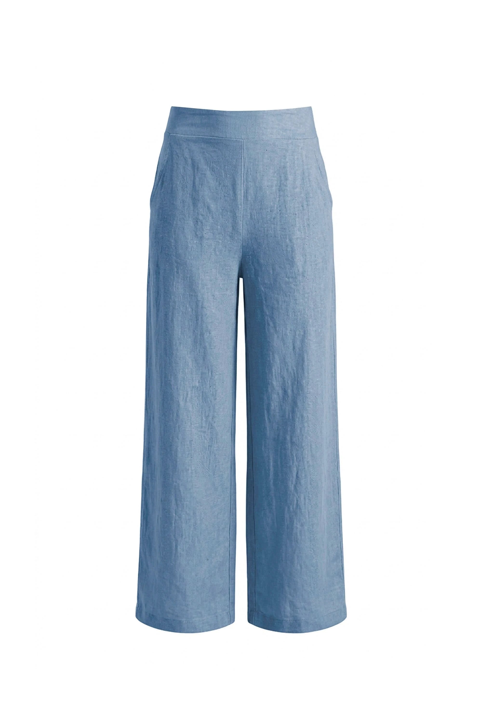 Denim Blue Linen Wide-Leg Trousers | James Lakeland | Wolf & Badger