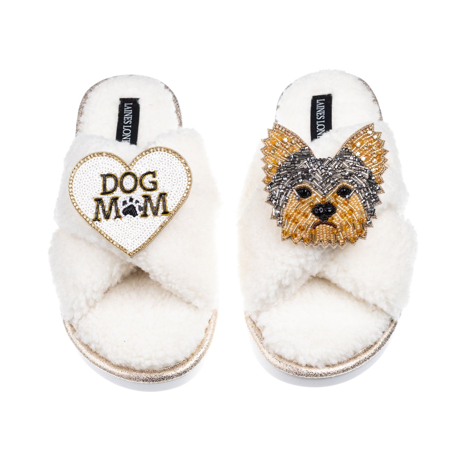 Laines London Women's Neutrals / White Laines Neutral Boucle Slippers With Minnie Yorkie & Dog Mum / Mom Brooches 