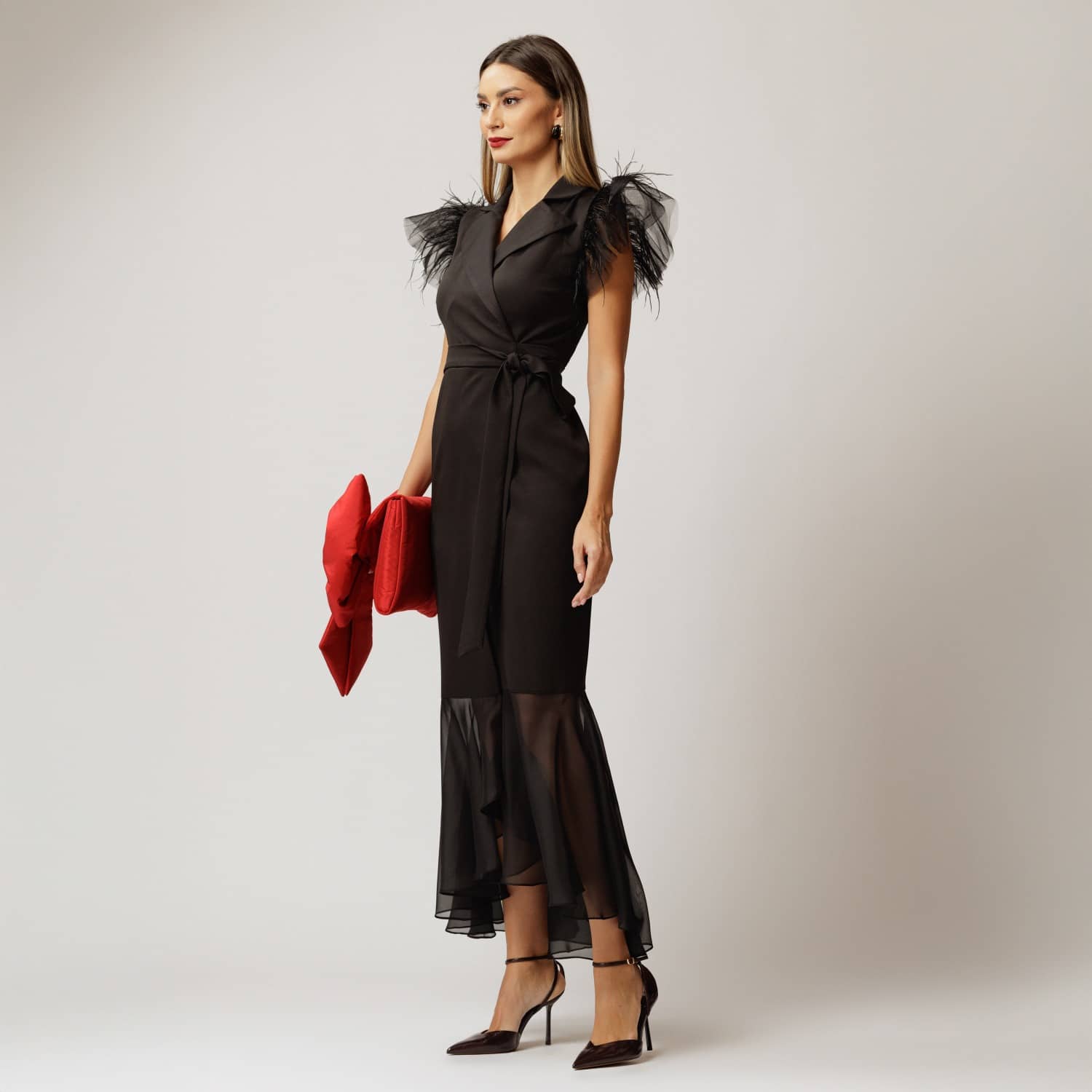 Long Black Blazer Wrap Dress With Tulle And Soft Veil | concept A