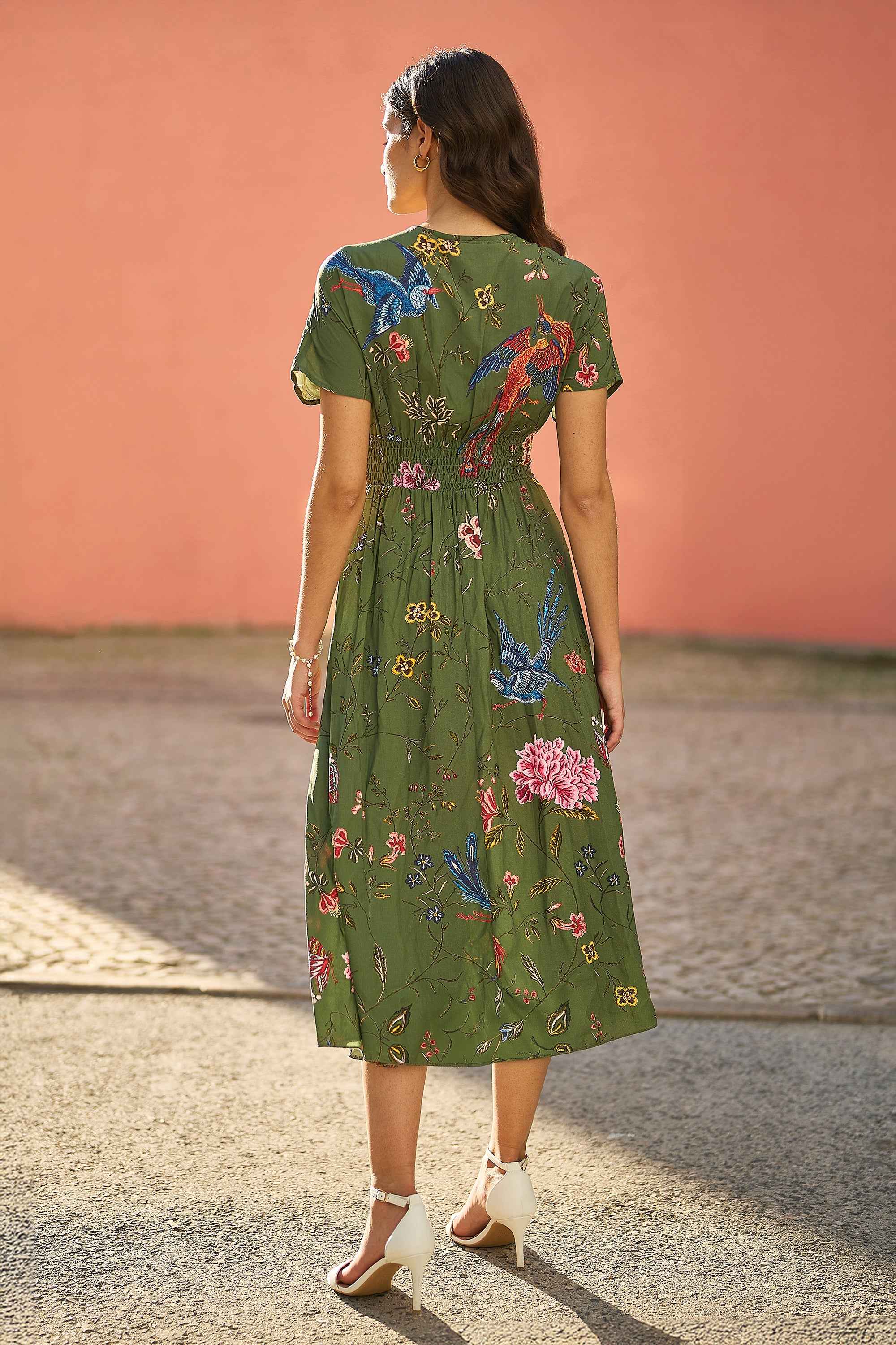 Yumi Bird And Floral Print Ruched Waist Kimono Midi Dress Green | Yumi |  Wolf & Badger
