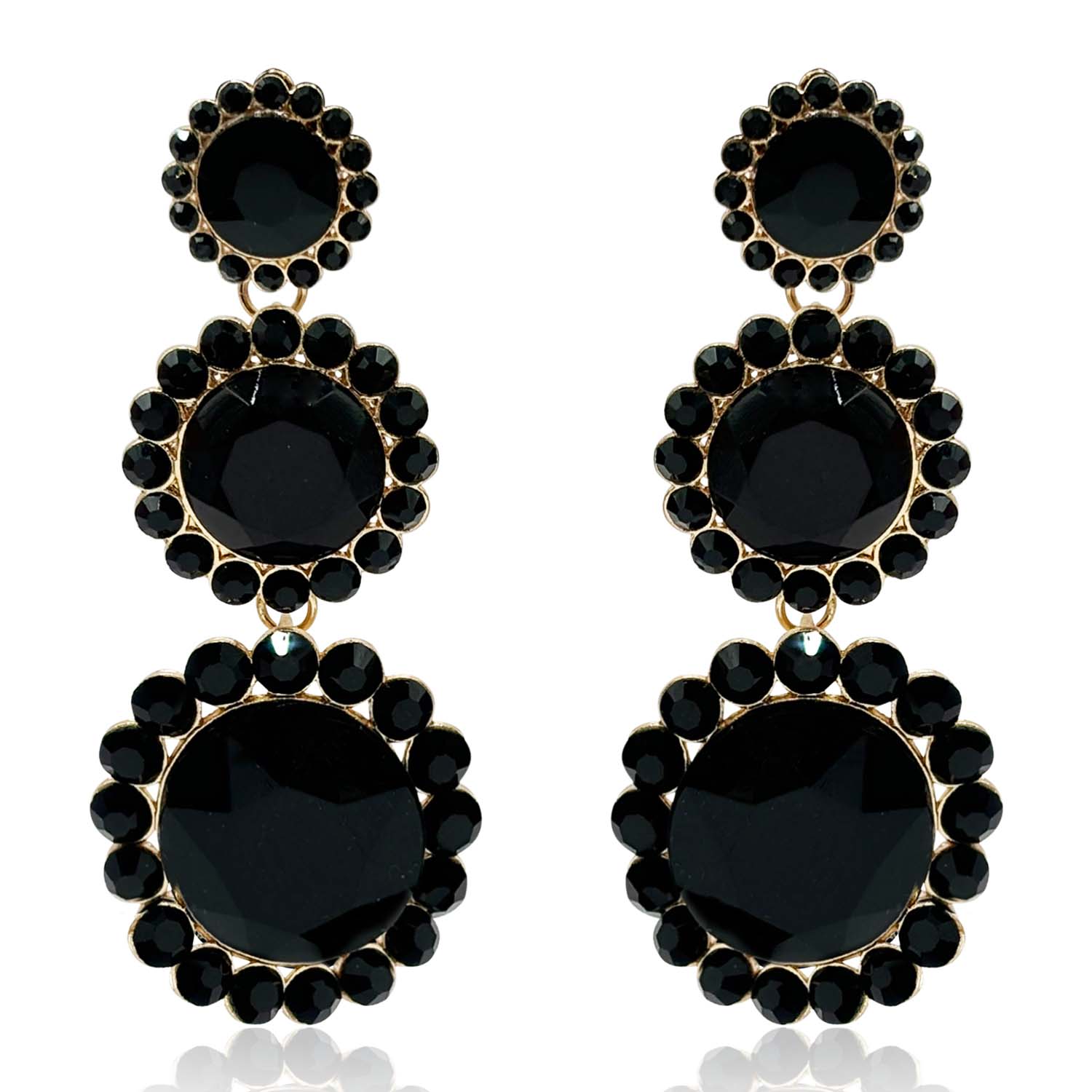 Michael Nash Jewelry Women's Gold / Black Triple Round Crystal Jet Drop Earrings Surrounded By Round Jet Stones
