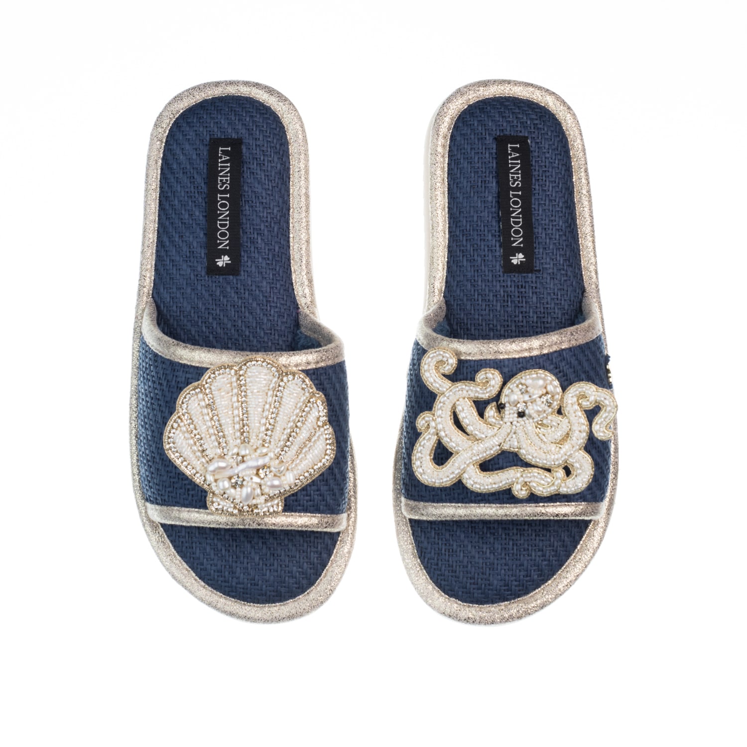 Women’s Blue Straw Braided Sandals With Beaded Shell & Octopus Brooches - Navy Small Laines London