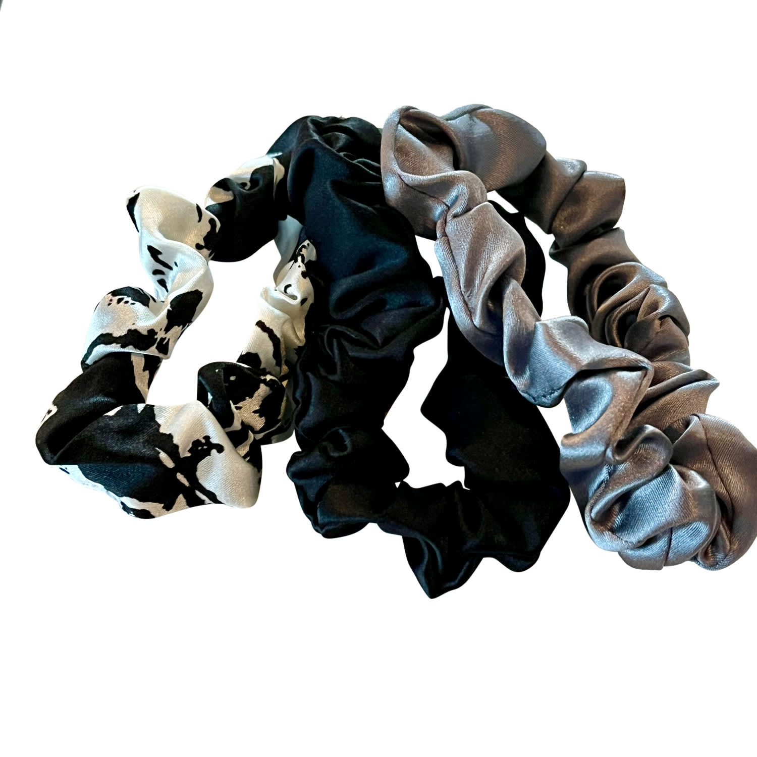 Women's Black Set Of Three Pure Mulberry Silk Mini Scrunchie Weekly Special Hair Ties Film Noir | One Size | Soft Strokes Silk