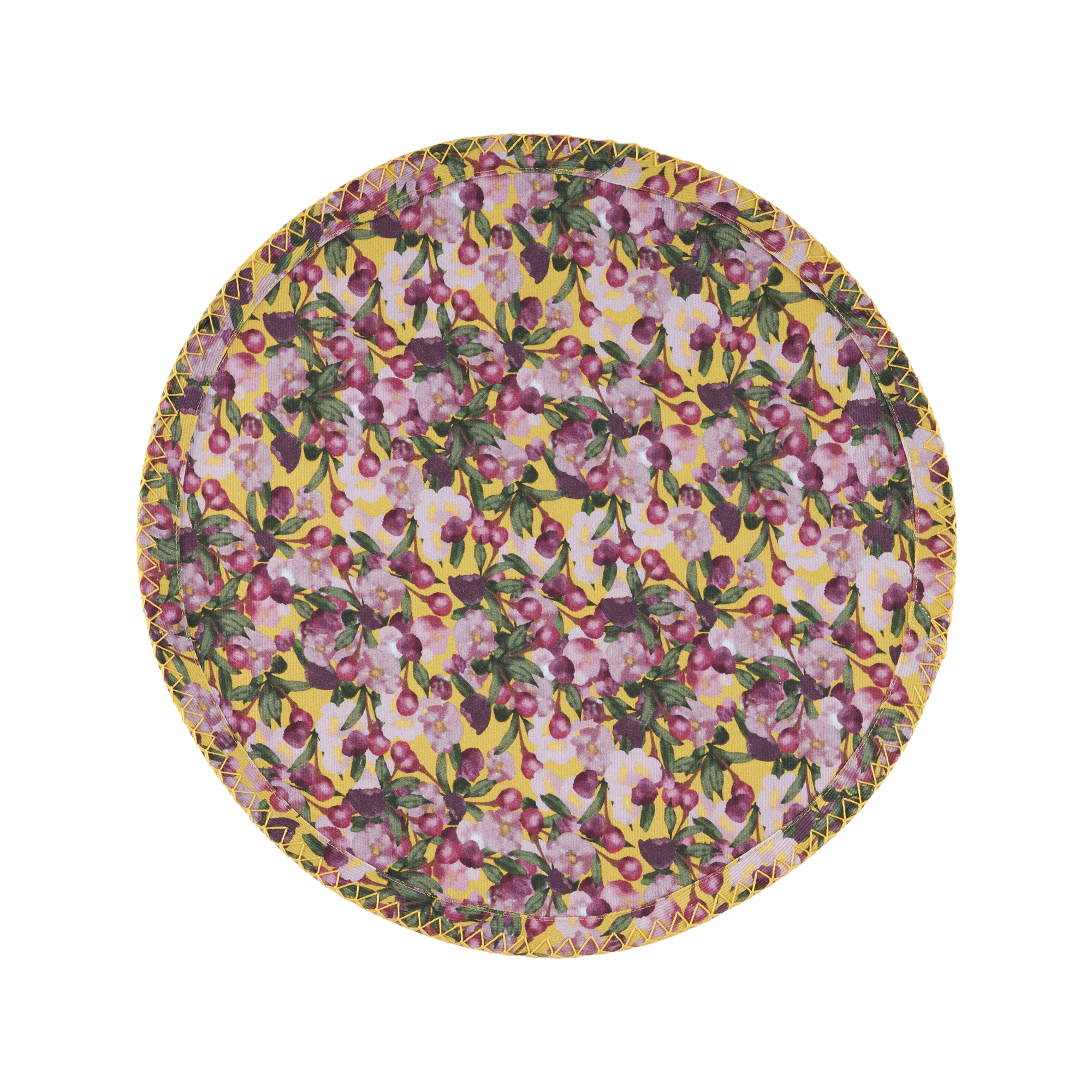 Sophie Williamson Design Set Of Six Round Placemats In Romantic Pink Cherry Blossom Flower Print On Yellow In Pink
