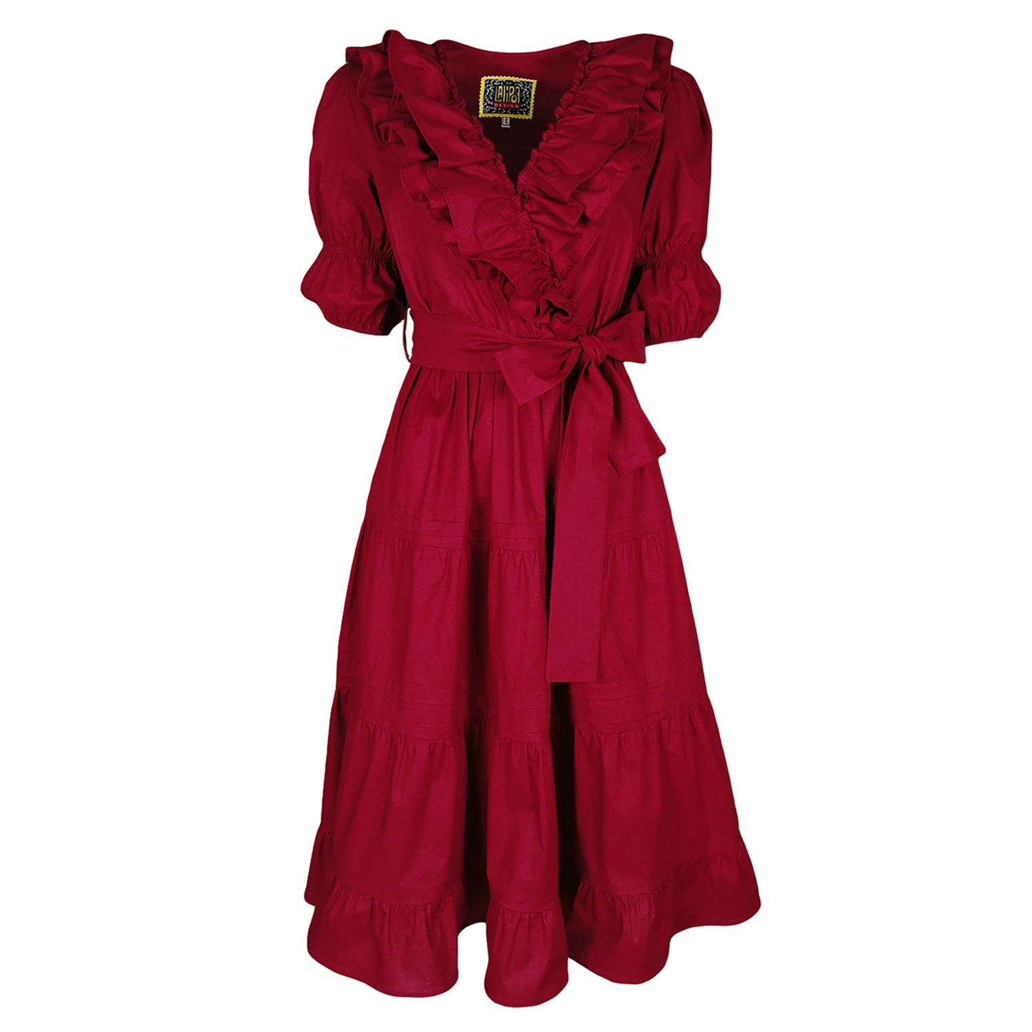 Lalipop Design Women's Dark Cherry Red Double-breasted V-neck Cotton Dress With Ruffles In Red