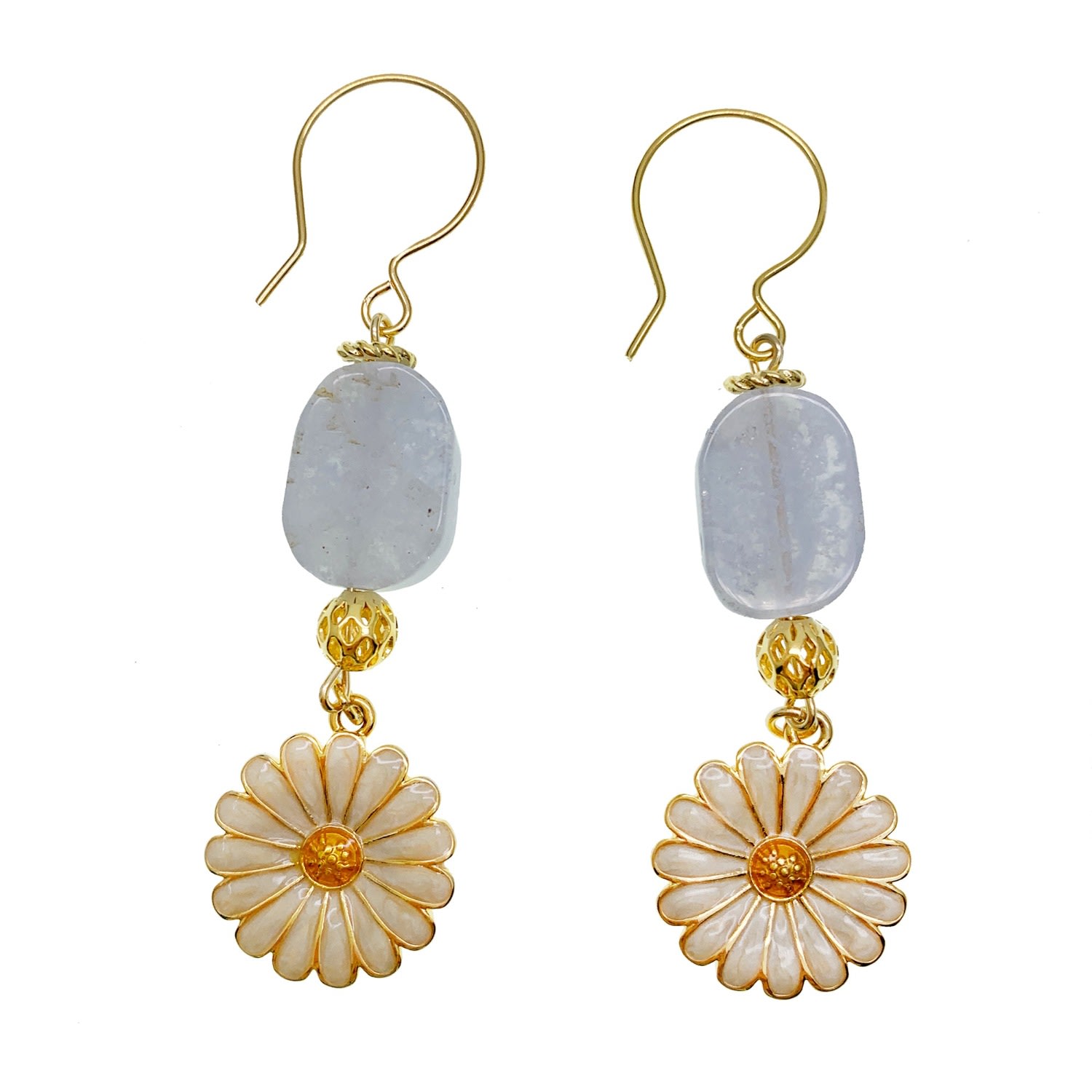 Farra Women's Orange Blue Lace Agate Sunflower Dangle Hook Earrings