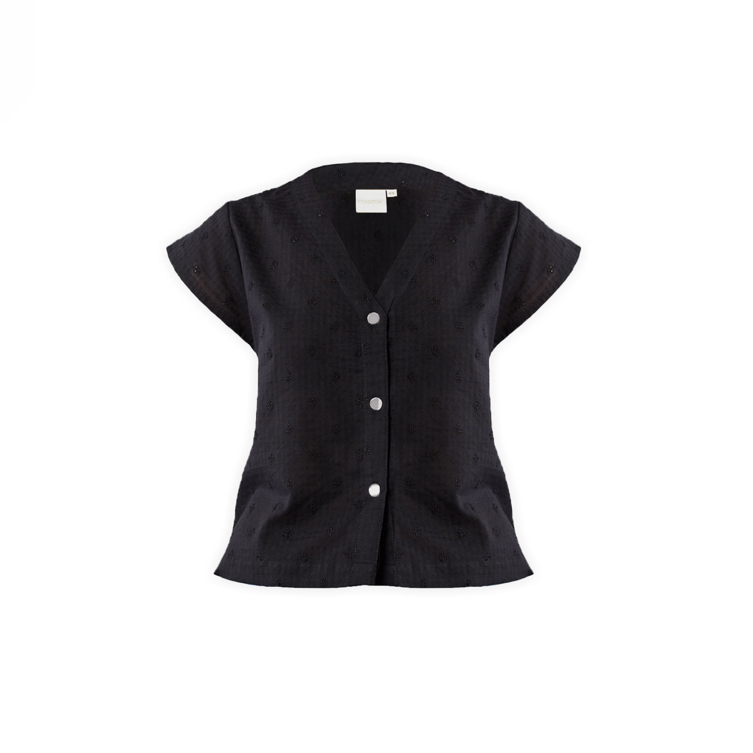 Women's V-Neck Embroidered Top With Front Buttons In Black | Medium | Reistor