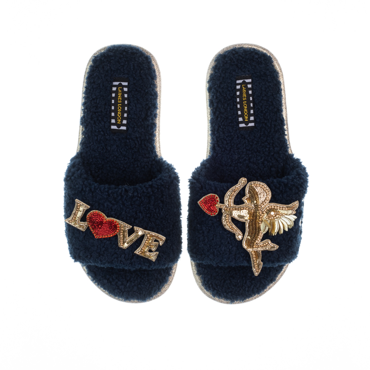 Women’s Blue Teddy Toweling Slipper Sliders With Cupid & Love Brooches - Navy Large Laines London