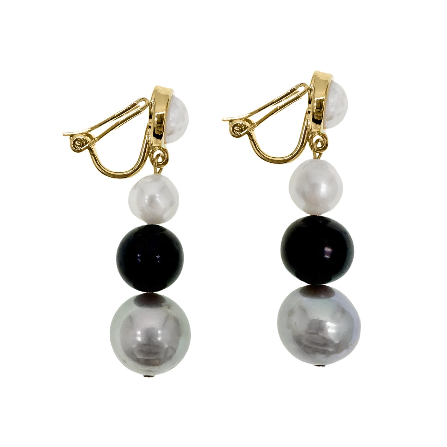 Farra Women's Timeless Black Grey And White Freshwater Pearls Clip-on Earrings In Gold