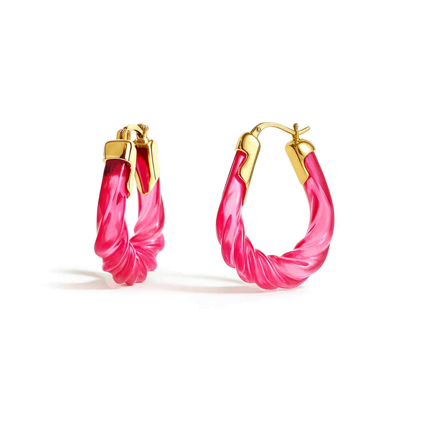 Gold & Honey Women's Gold / Pink Pink Tourmaline Rope Twist Oval Lucite Birthstone Hoop Earrings