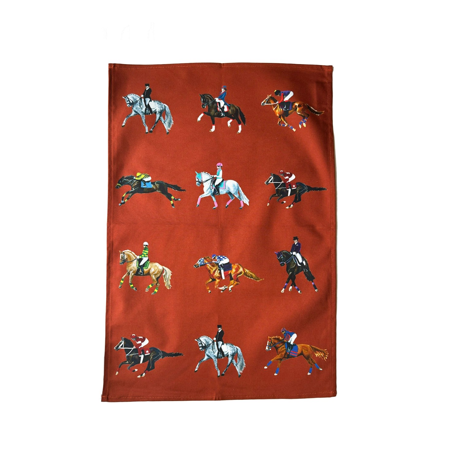 Jessica Anderton Designs Red Dressage & Racehorses Cotton Tea Towels - Burnt Orange In Red