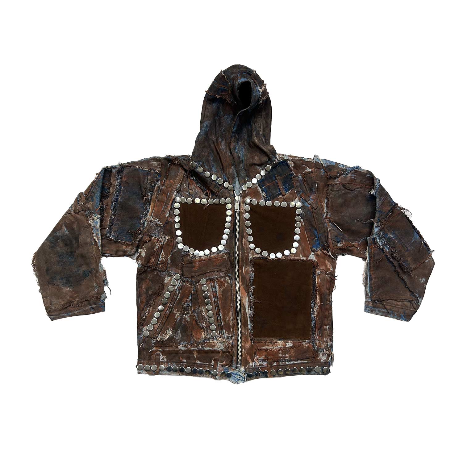 Zasta Studio Men's Brown Studded Upcycled Denim Jacket With Hoodie