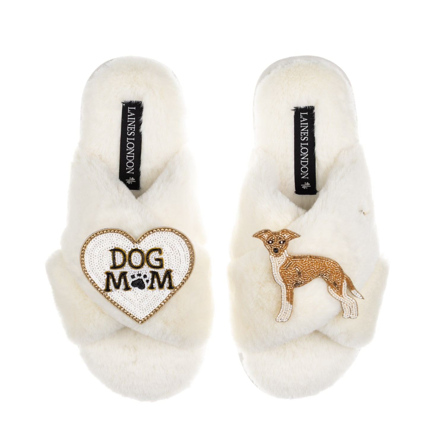 Laines London Women's Neutrals / White Classic Slippers With Dog Mum/mom & Fawn & White Italian Greyhound Brooches