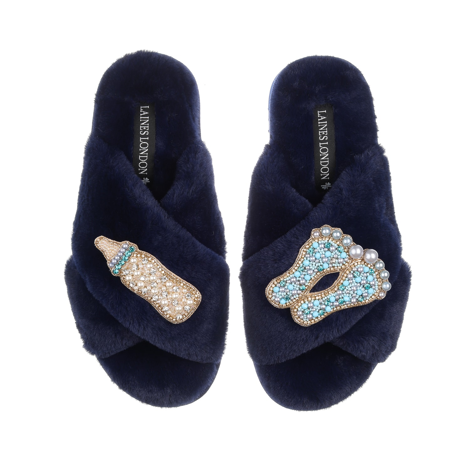 Women's Blue Classic Laines Slippers With New Baby Boy Brooches - Navy | Extra Large | Laines London
