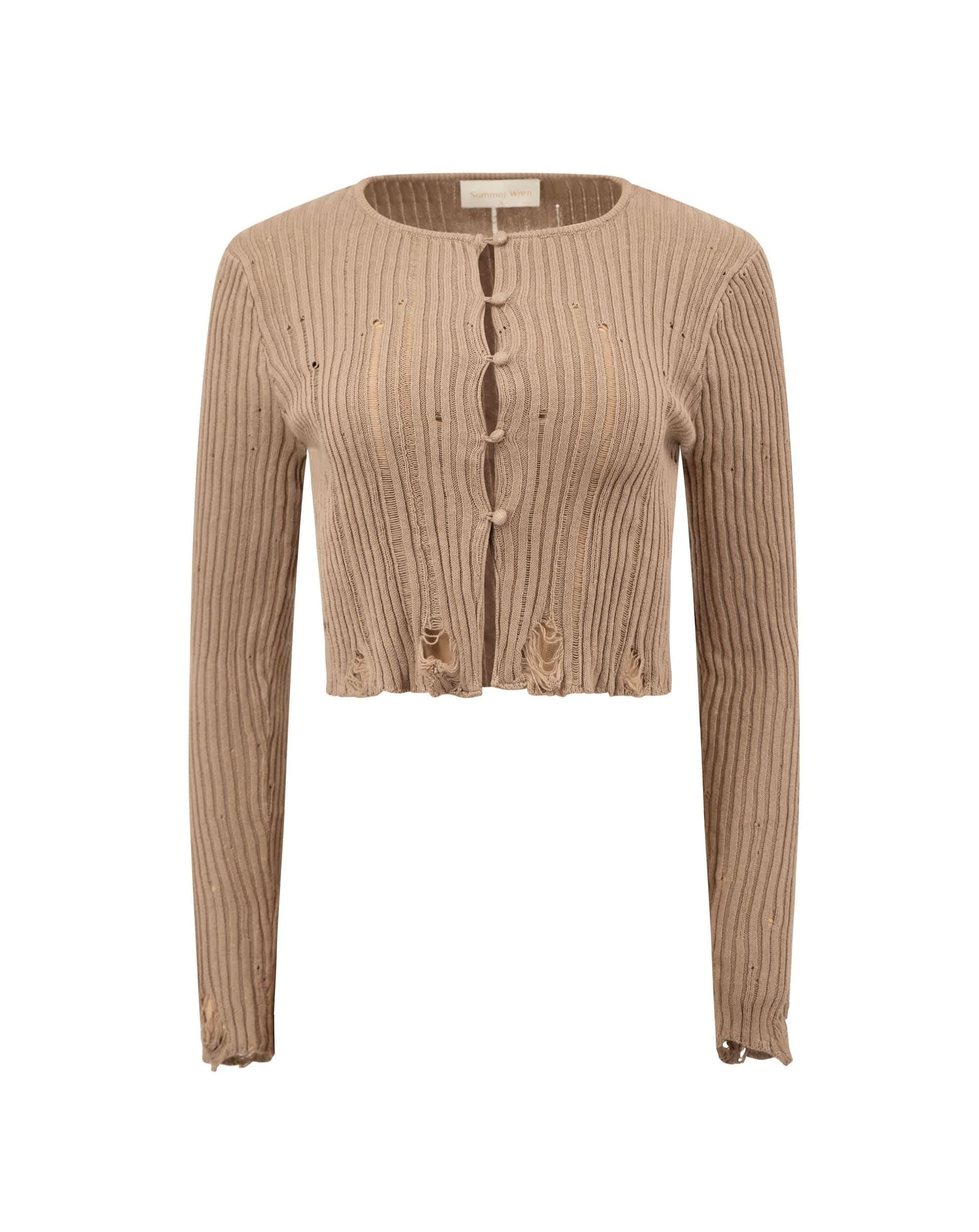 Sheer Distressed Cotton Cardigan In Taupe Summer Wren Wolf