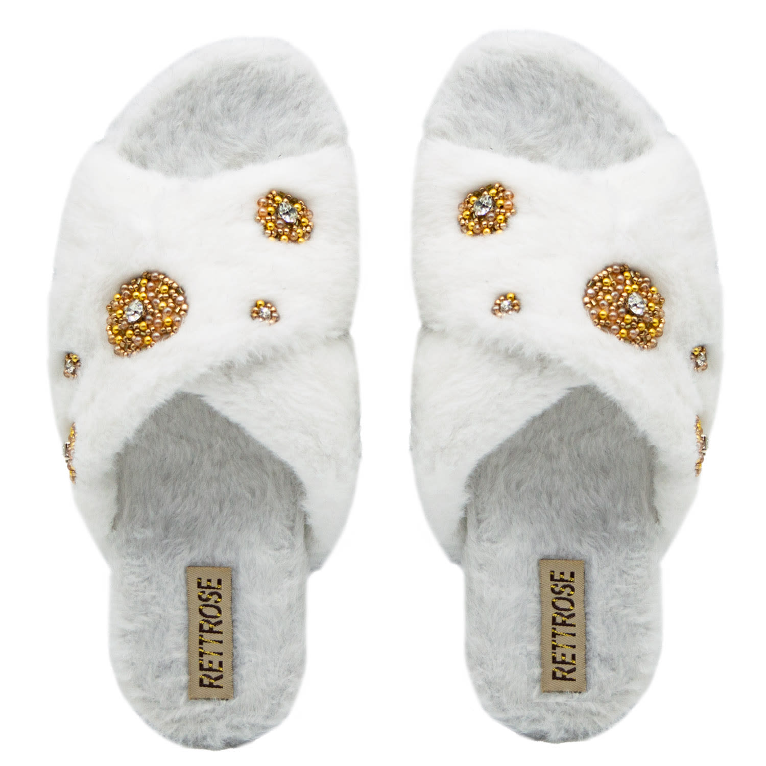 Rettrose Women's Neutrals The Juliette Cream Luxury Plush Diamanté Embellished Handmade Slipper In White