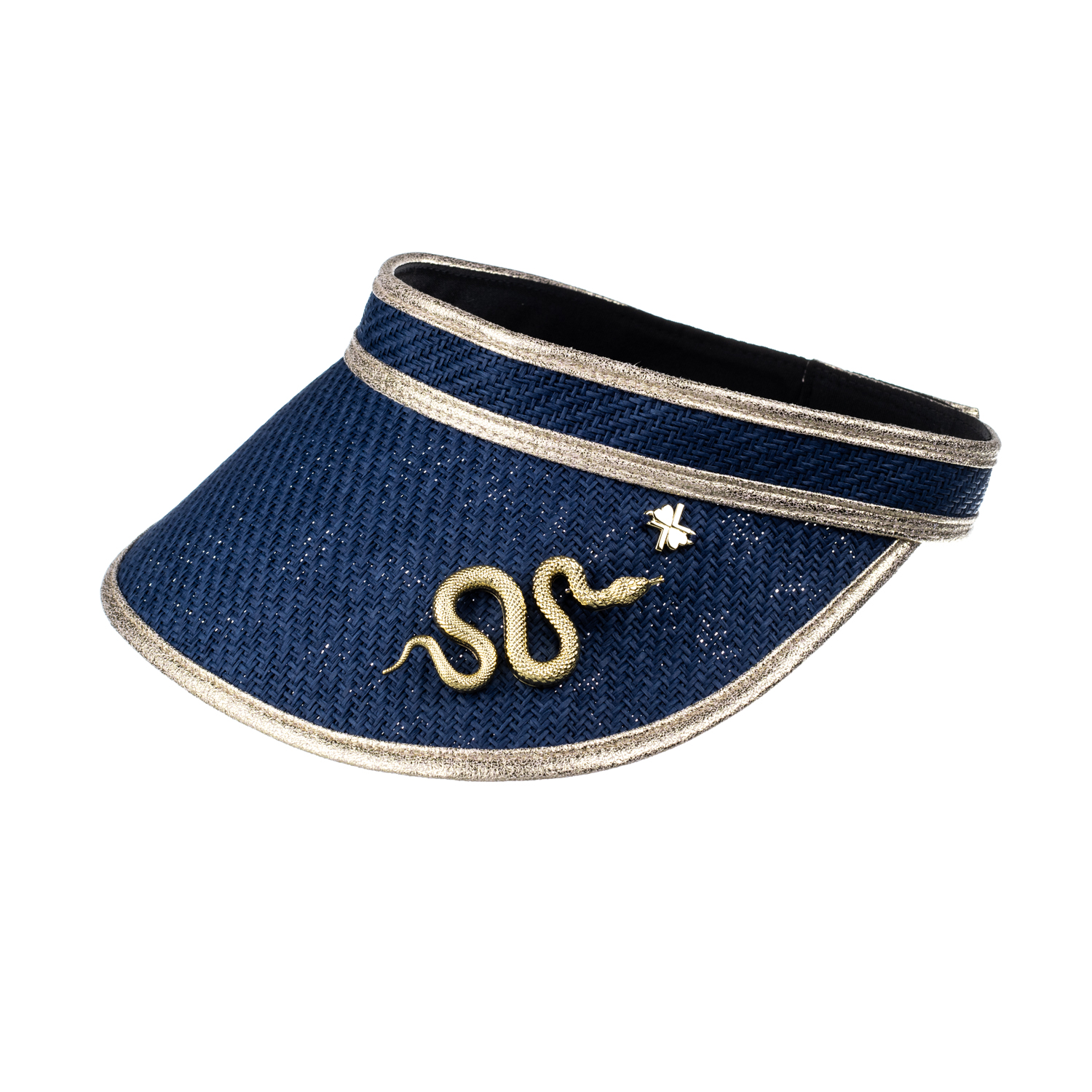 Straw Woven Hat With Gold Metal Snake Brooch - Navy, LAINES LONDON