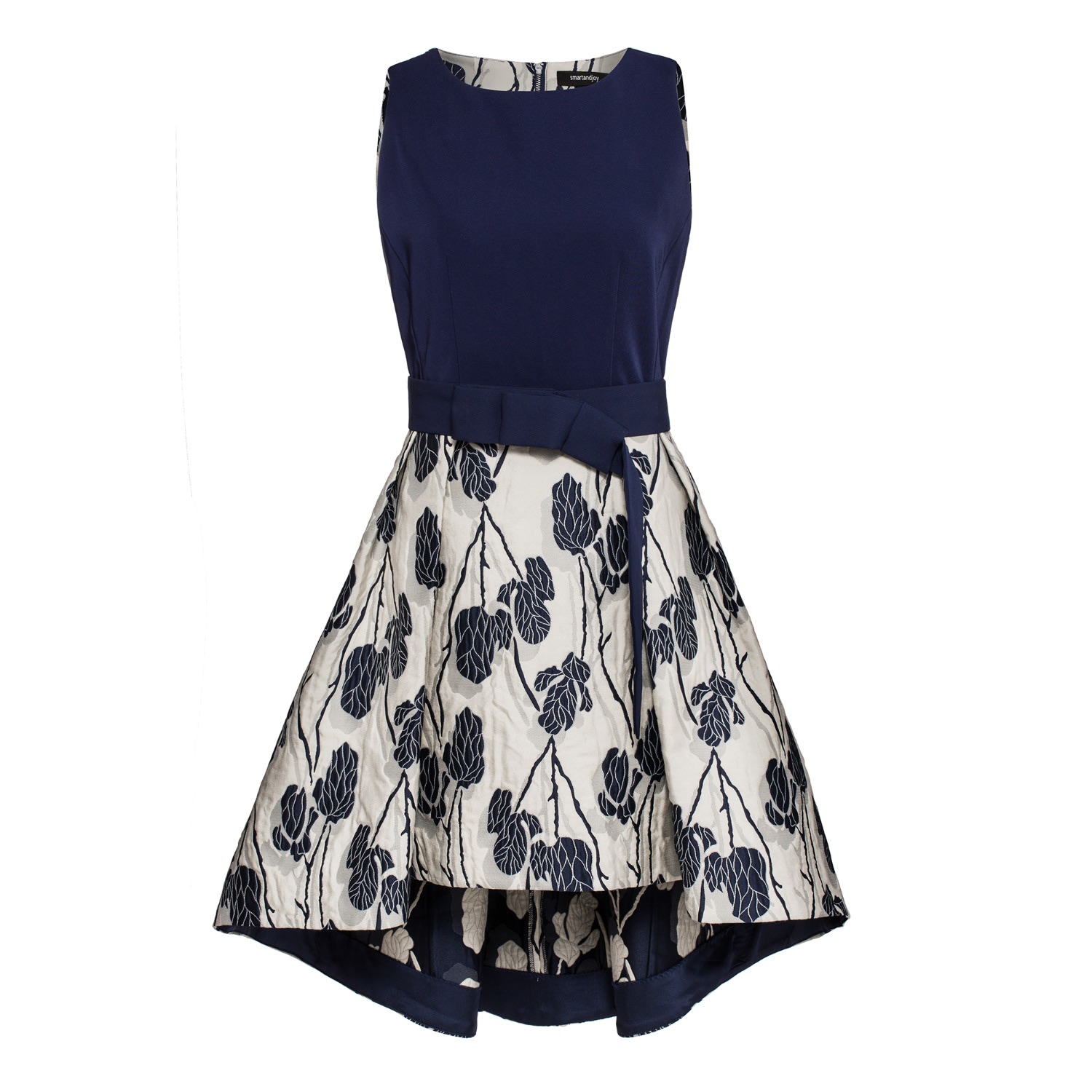 Women’s Blue Flower Jacquard Bow Belted Dress Extra Small Smart and Joy