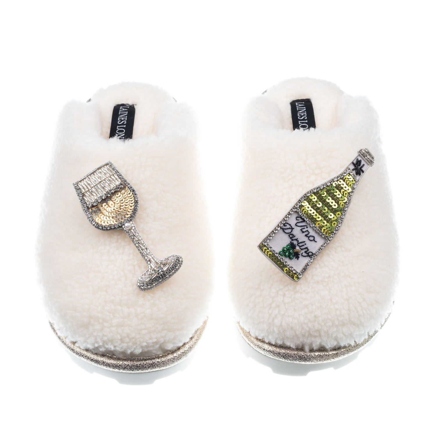 Laines London Women's White Teddy Closed Toe Slippers With Vino Darling Brooches - Cream In White