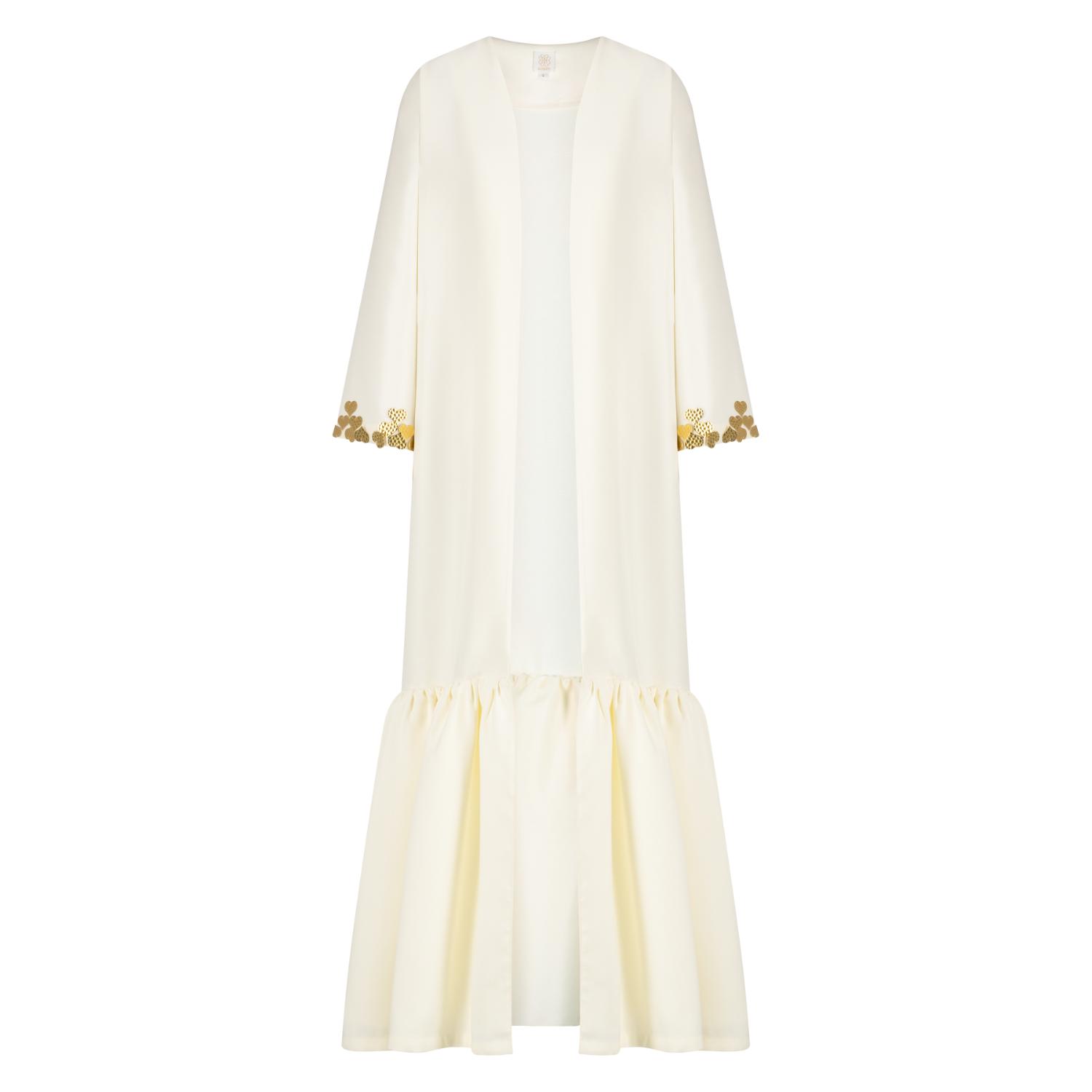 Azzalia Women's White Fitted Sleeve Abaya Embellished With Metal Heart Motifs With Gathered Hemline-gardenia In White