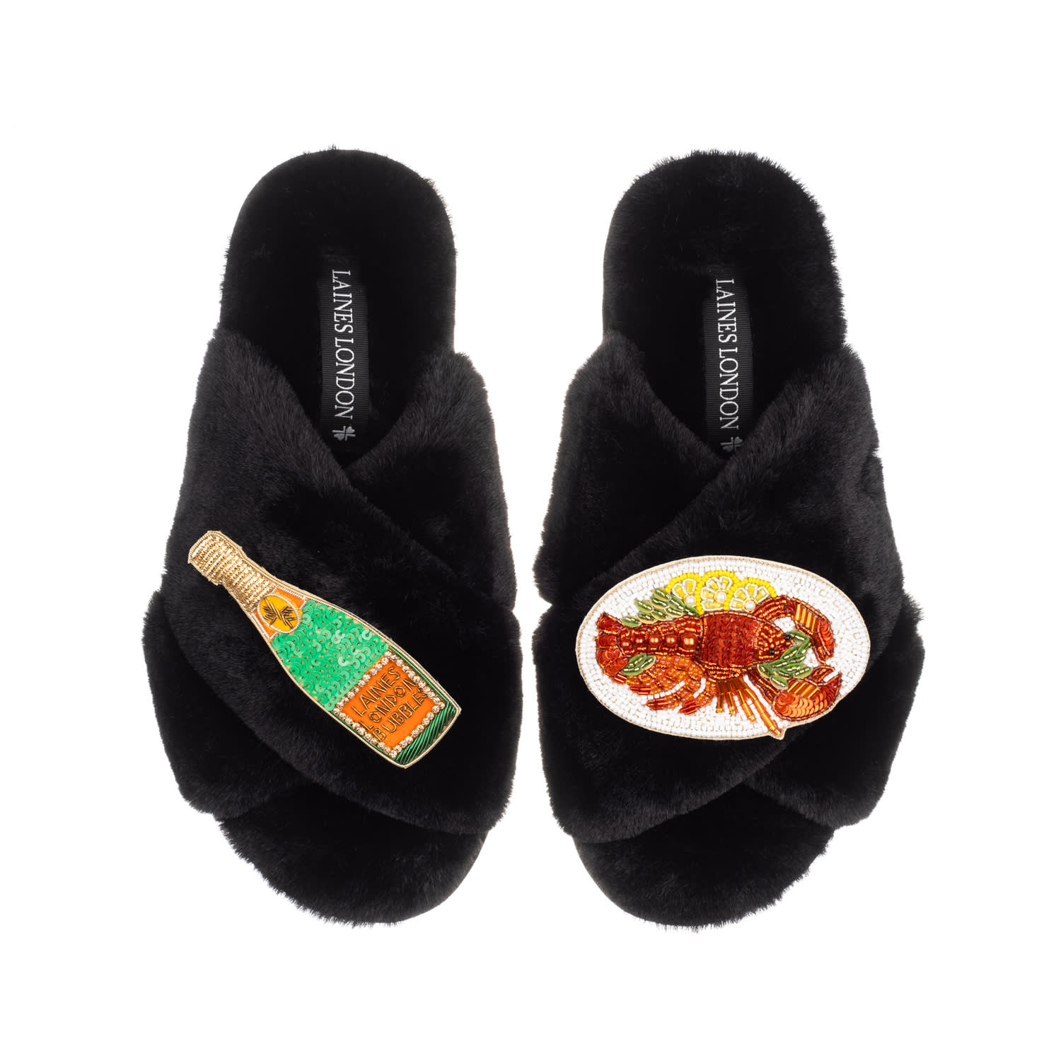 Laines London Women's Classic Laines Slippers With Lobster Platter & Champagne Brooches - Black In Black