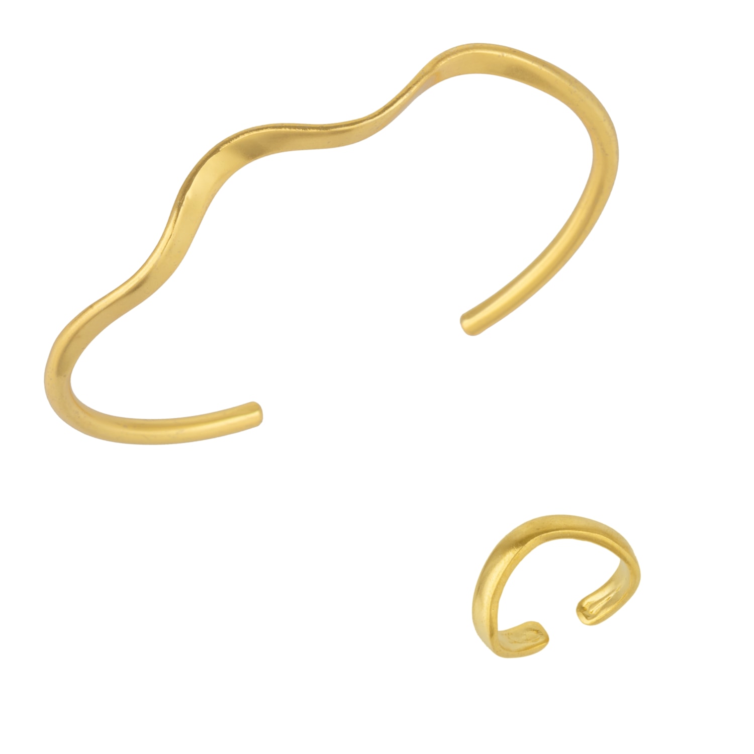 Mejoma Women's Molten Wavy Cuff Bangle Gold Bracelet & Elegance Gold Wavy Ring Set In Gold