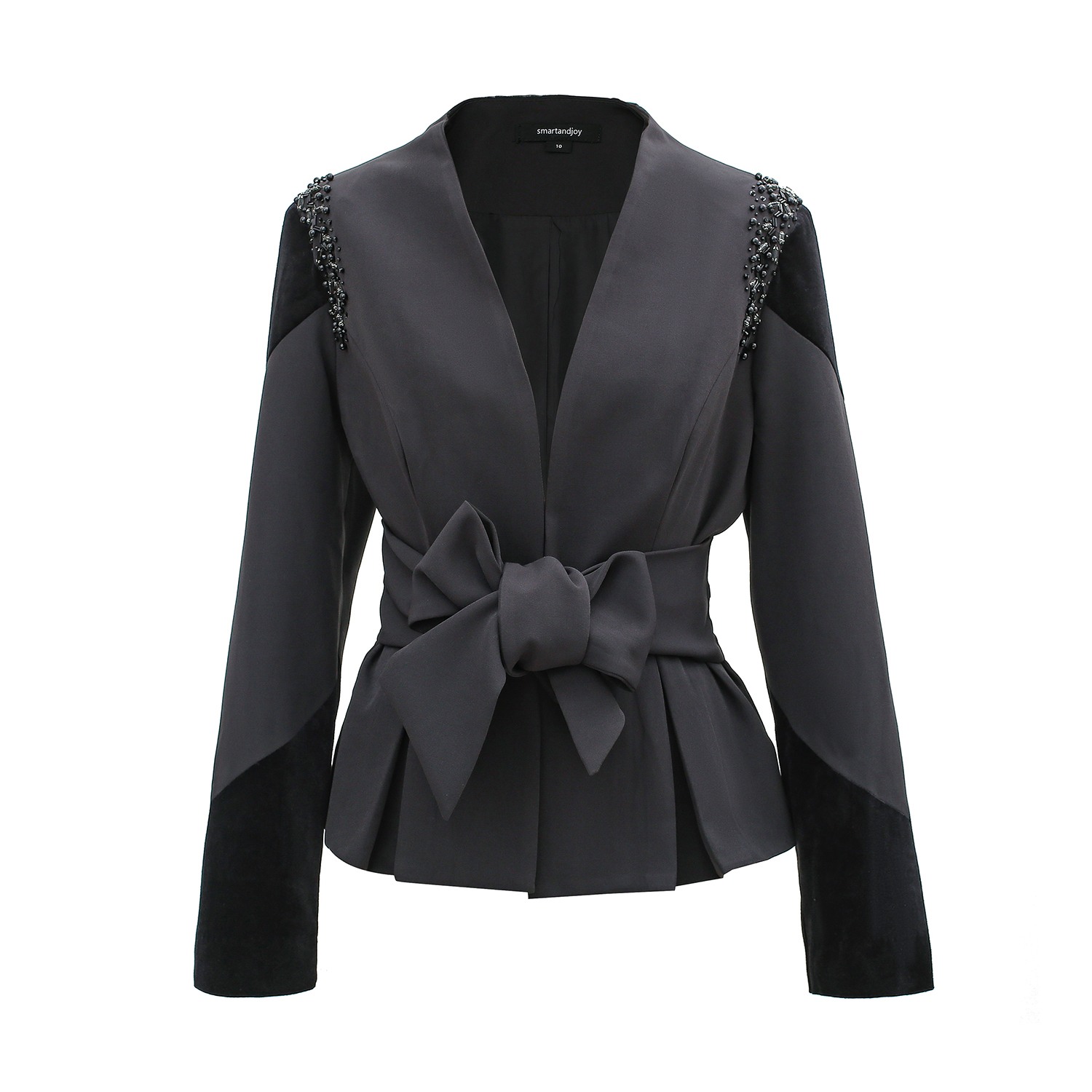 Smart And Joy Women's Black Bi-material Blazer And Knotted Belt With Embroideries In Black