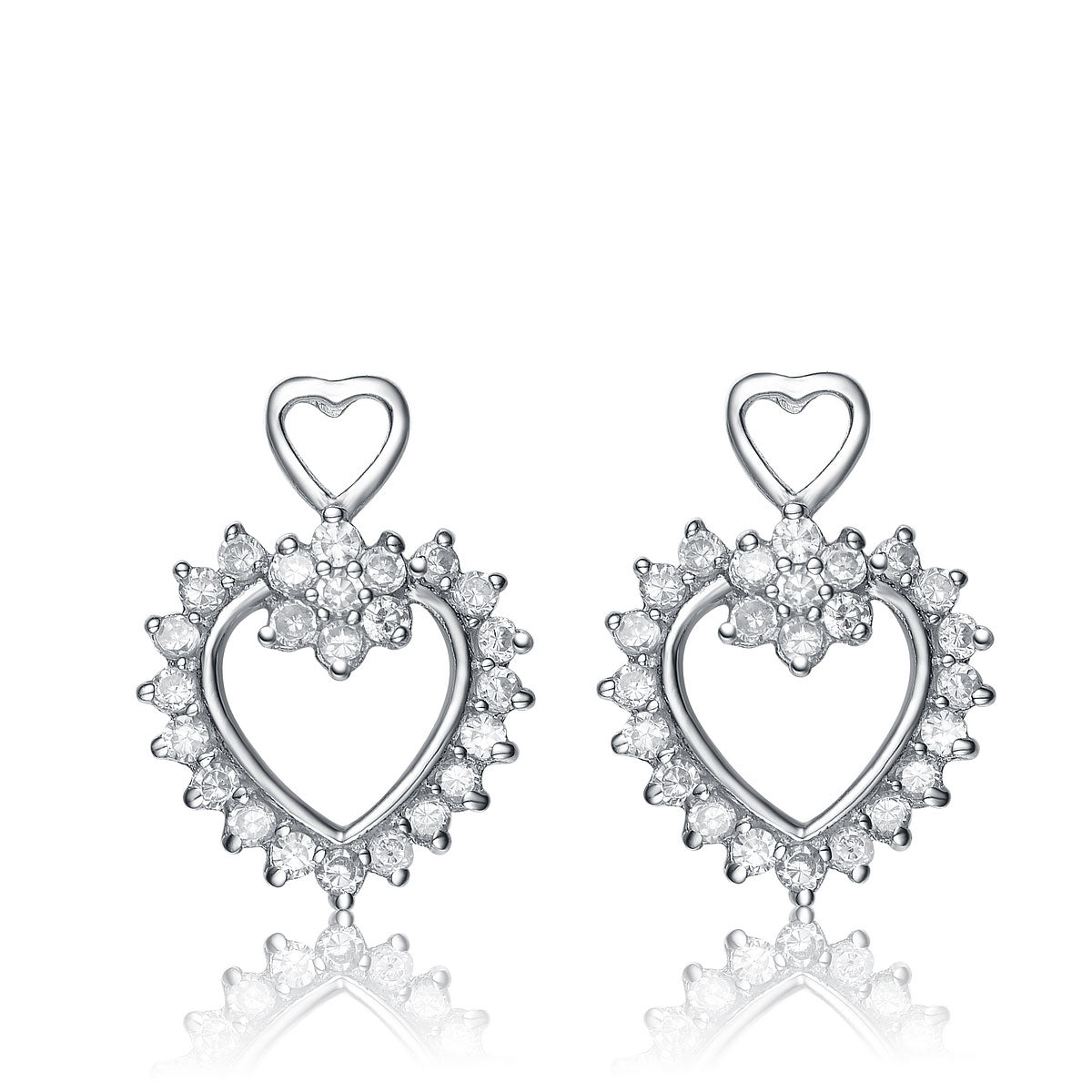 Genevive Jewelry Women's White / Silver Sterling Silver Cubic Zirconia Double Open Heart Earrings In Multi