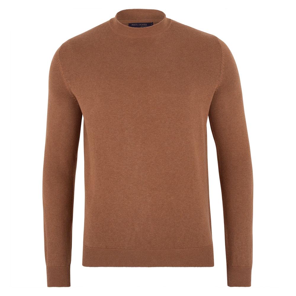 Brown Mens Cotton James Narrow Mock Turtleneck Jumper - Camel Large Paul James Knitwear