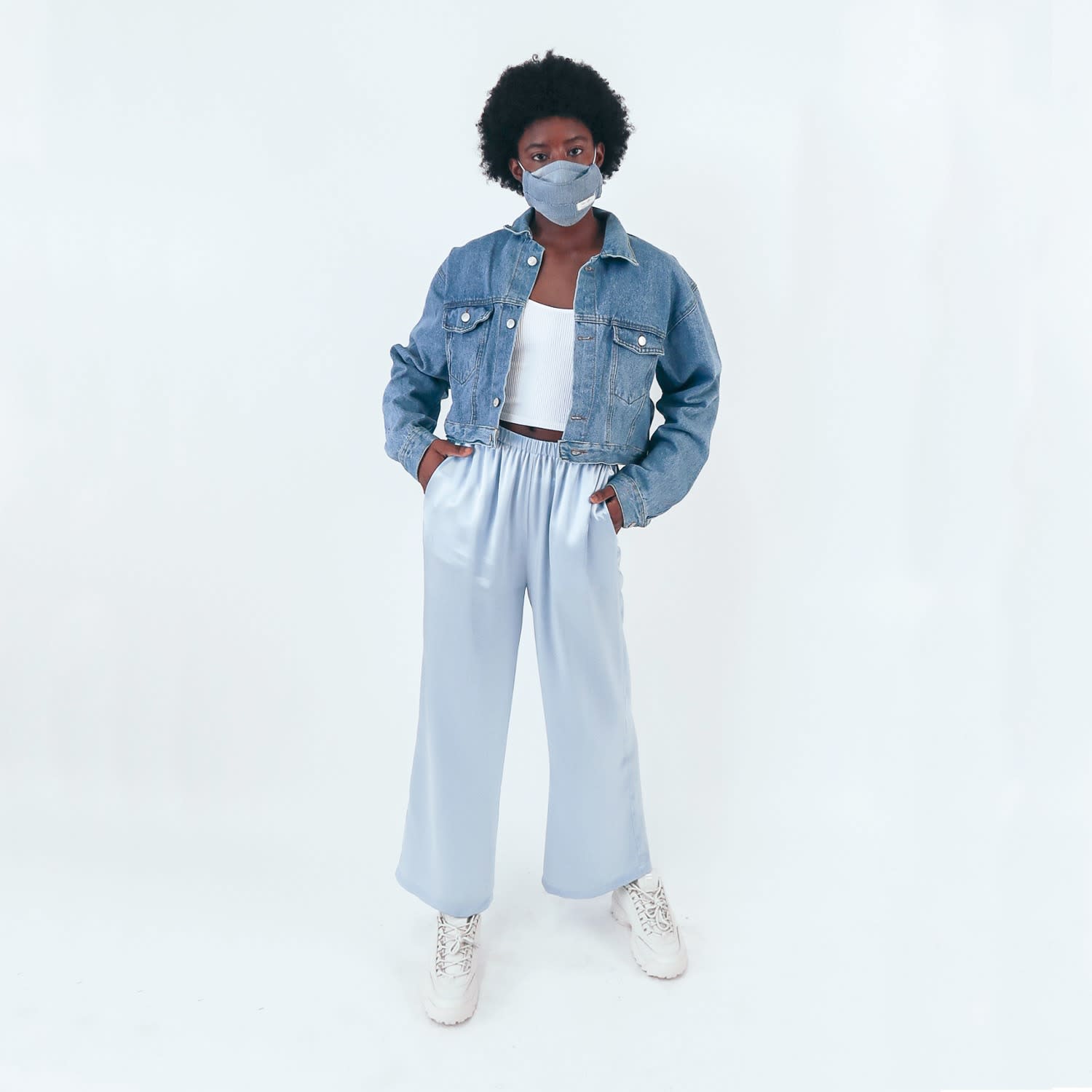 light blue silk pants