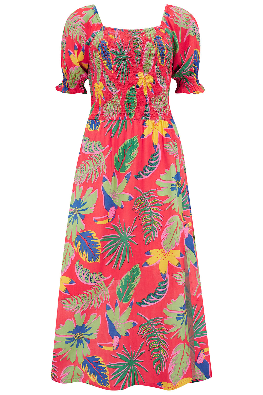 Sugarhill Brighton Women's Nicole Shirred Midi Dress Red, Tropical Toucans