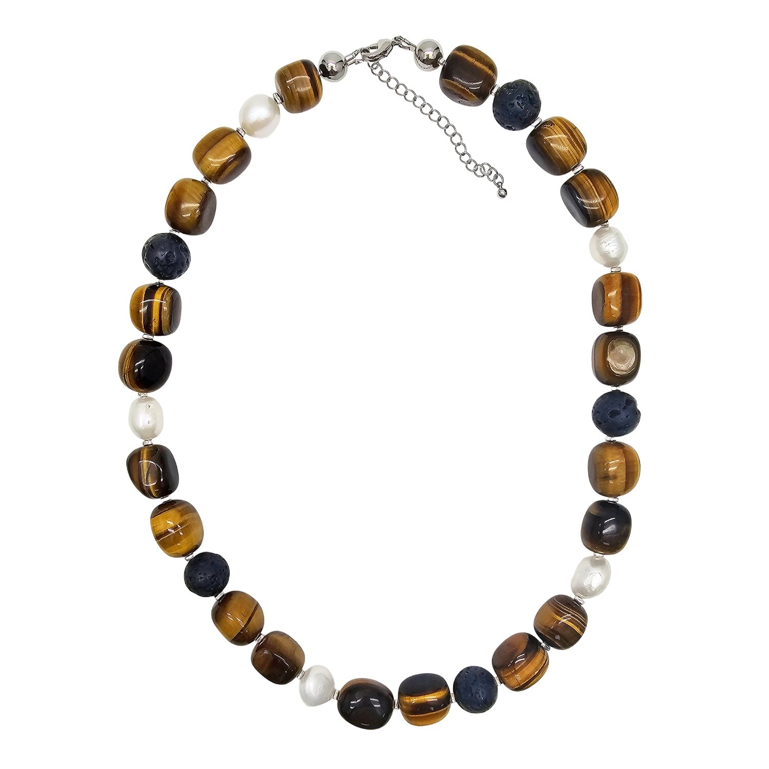 Farra Brown Nugget Tiger-eye Stone And Lava Stone With Freshwater Pearls Men's Necklace