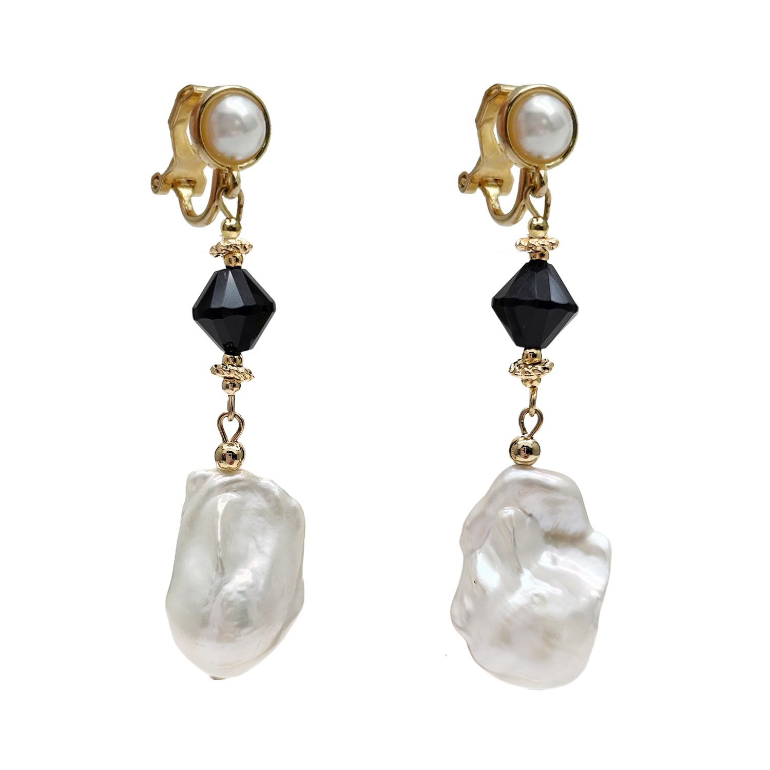 Farra Women's Black / White Baroque Pearls With Black Obsidian Clip-on Earrings