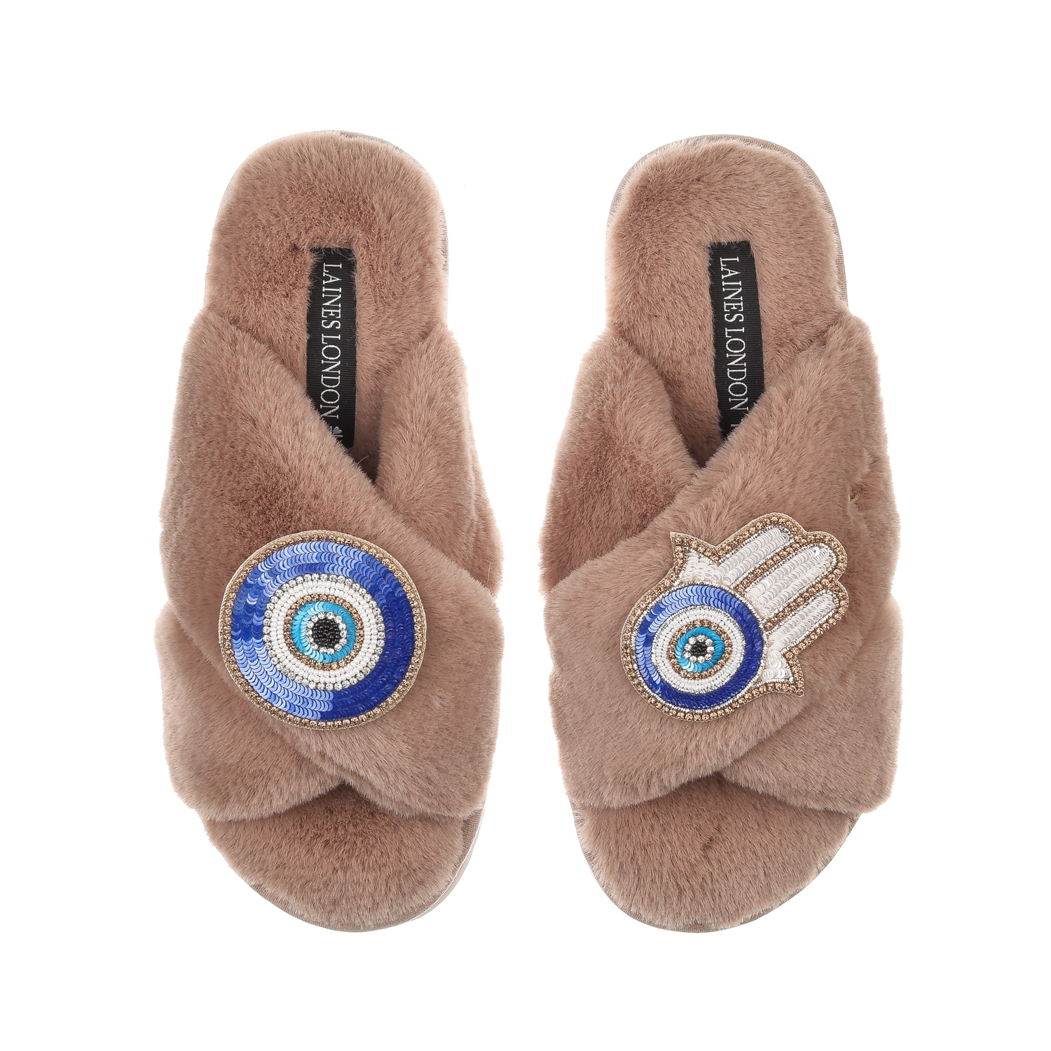 Laines London Women's Brown Classic Laines Slippers With Evil Eye & Hamsa Hand Brooches - Toffee In Multi