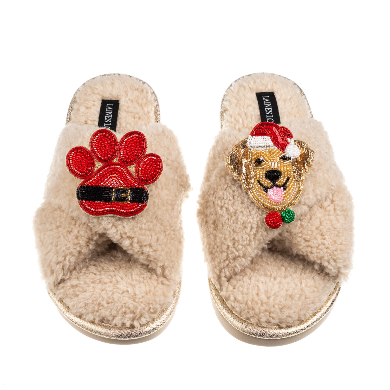 Laines London Women's Brown / Neutrals Laines Boucle Slippers With Christmas Golden Retriever & Paw Brooches - Oat In Brown