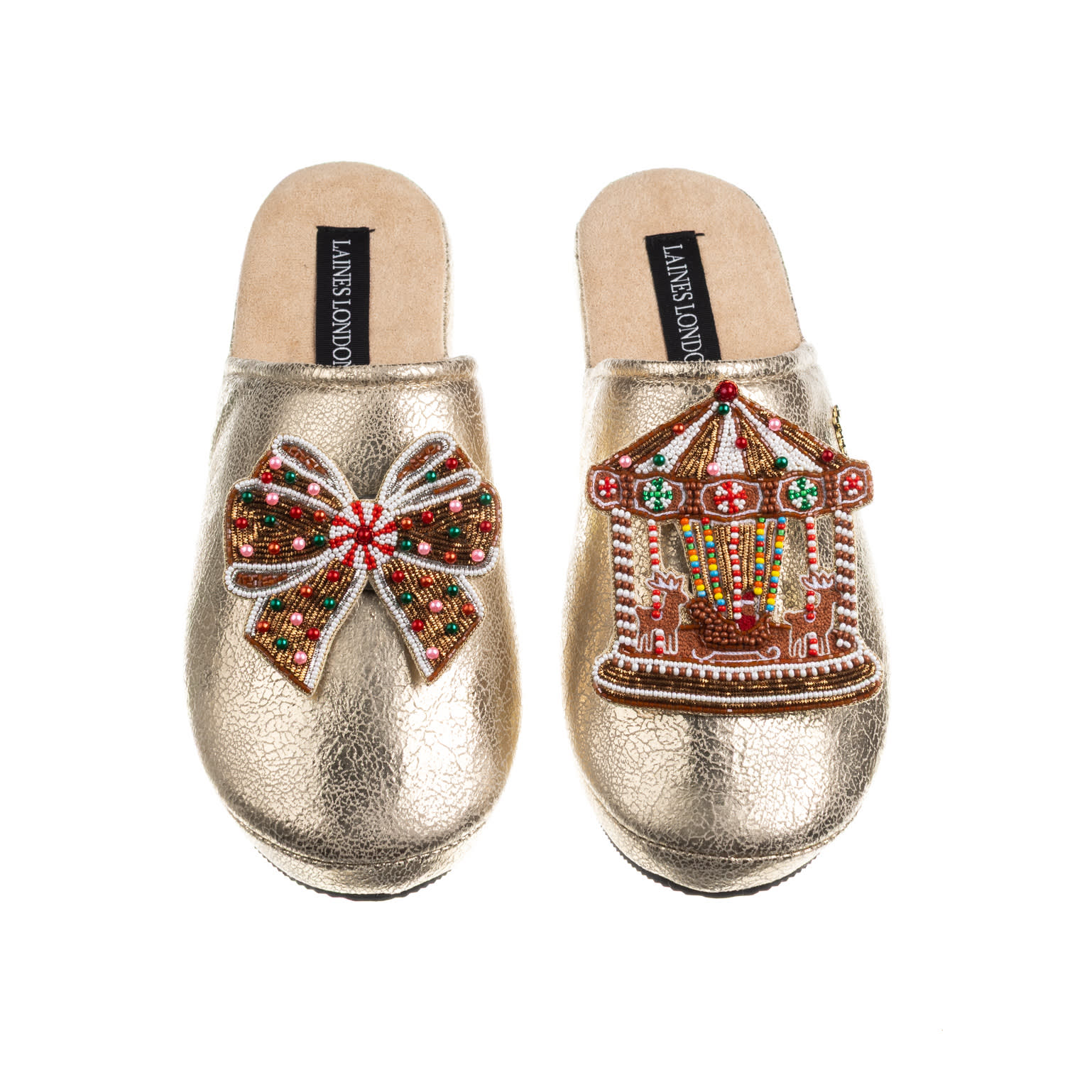 Laines London Women's Gold Softie Slippers With Christmas Gingerbread Bow & Carousel Brooches In Gold